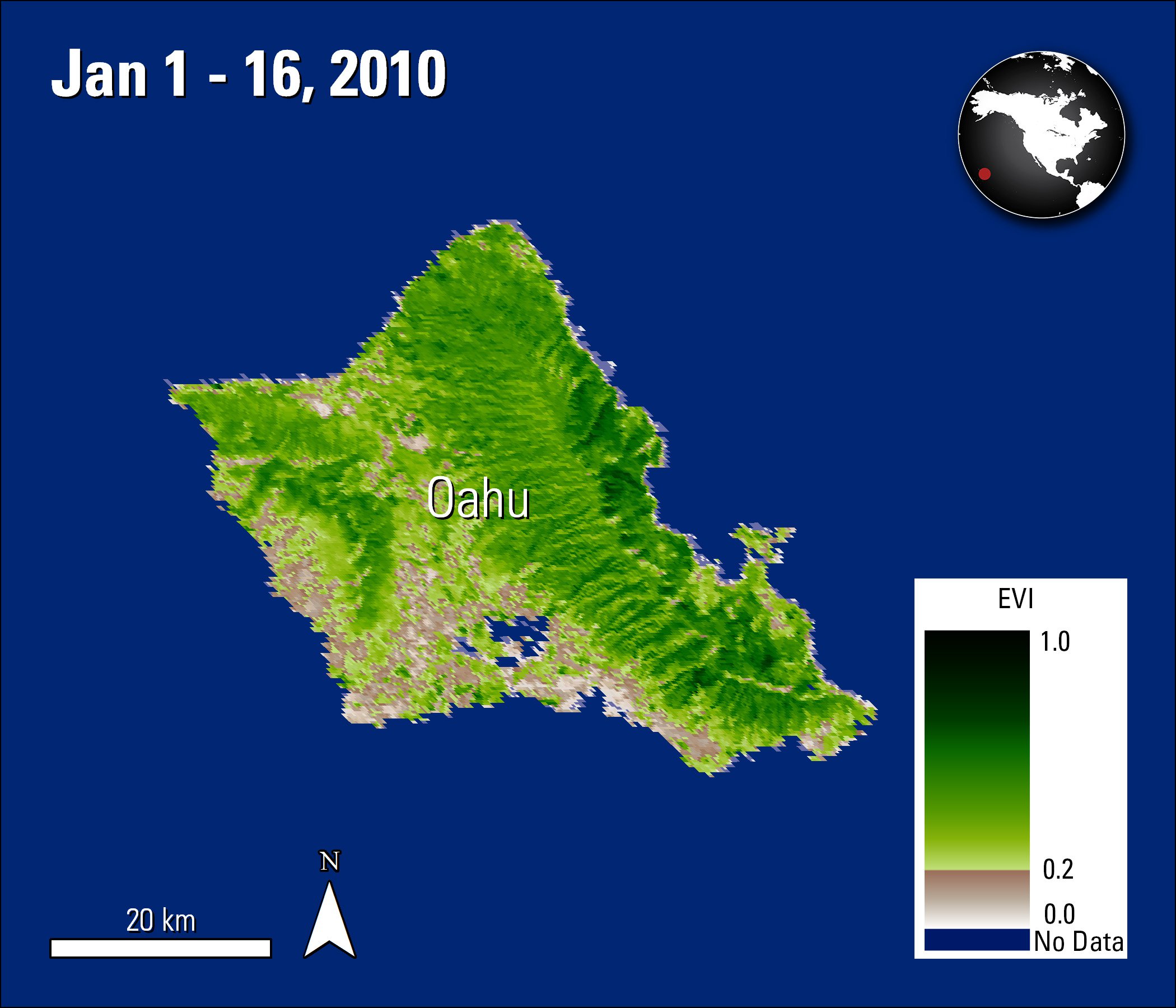 Terra MODIS EVI data over Oahu, Hawaii, United States, acquired January 1, 2010.