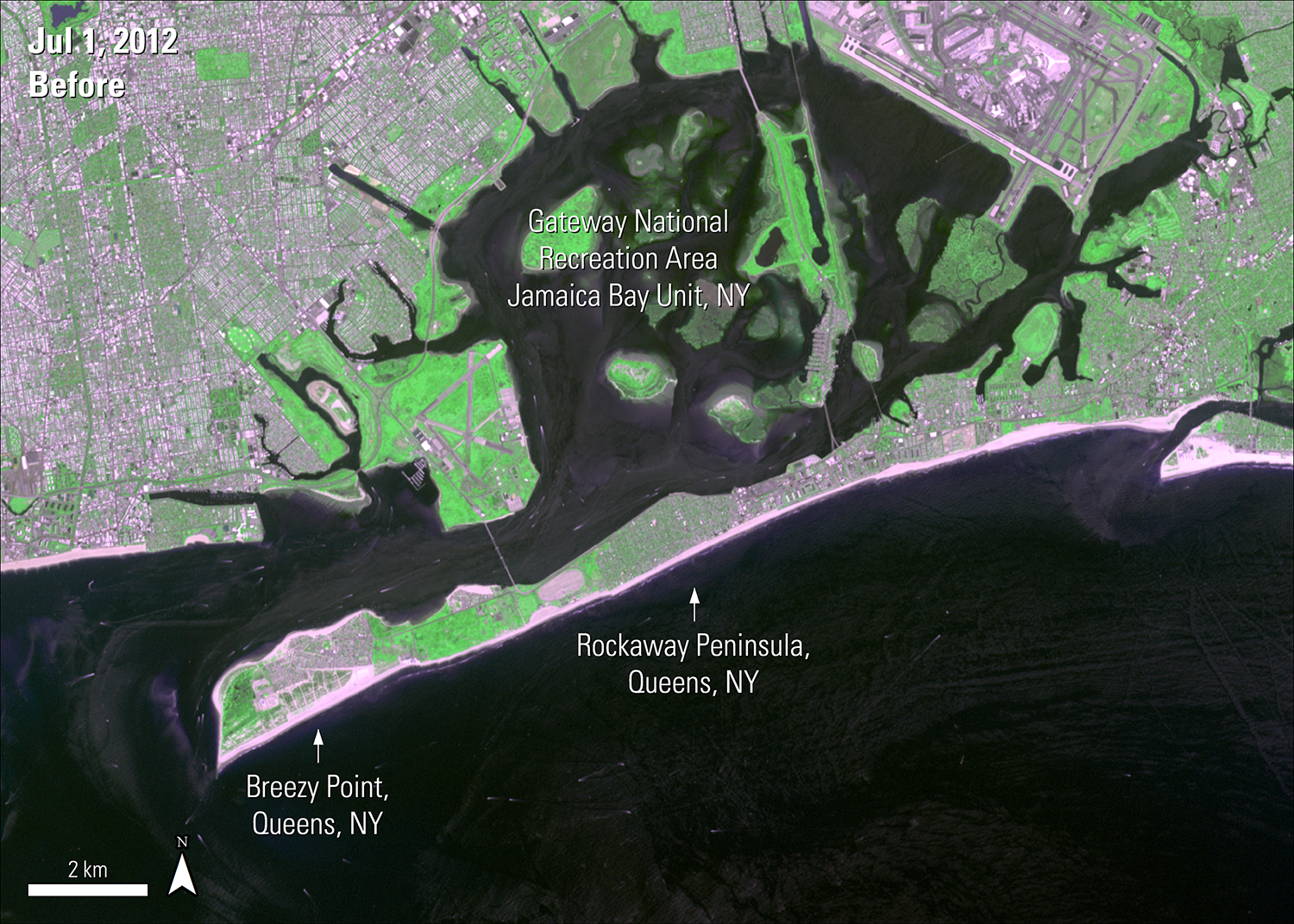 Terra ASTER surface reflectance imagery over the borough of Queens New York before Hurricane Sandy, acquired July 1, 2012.