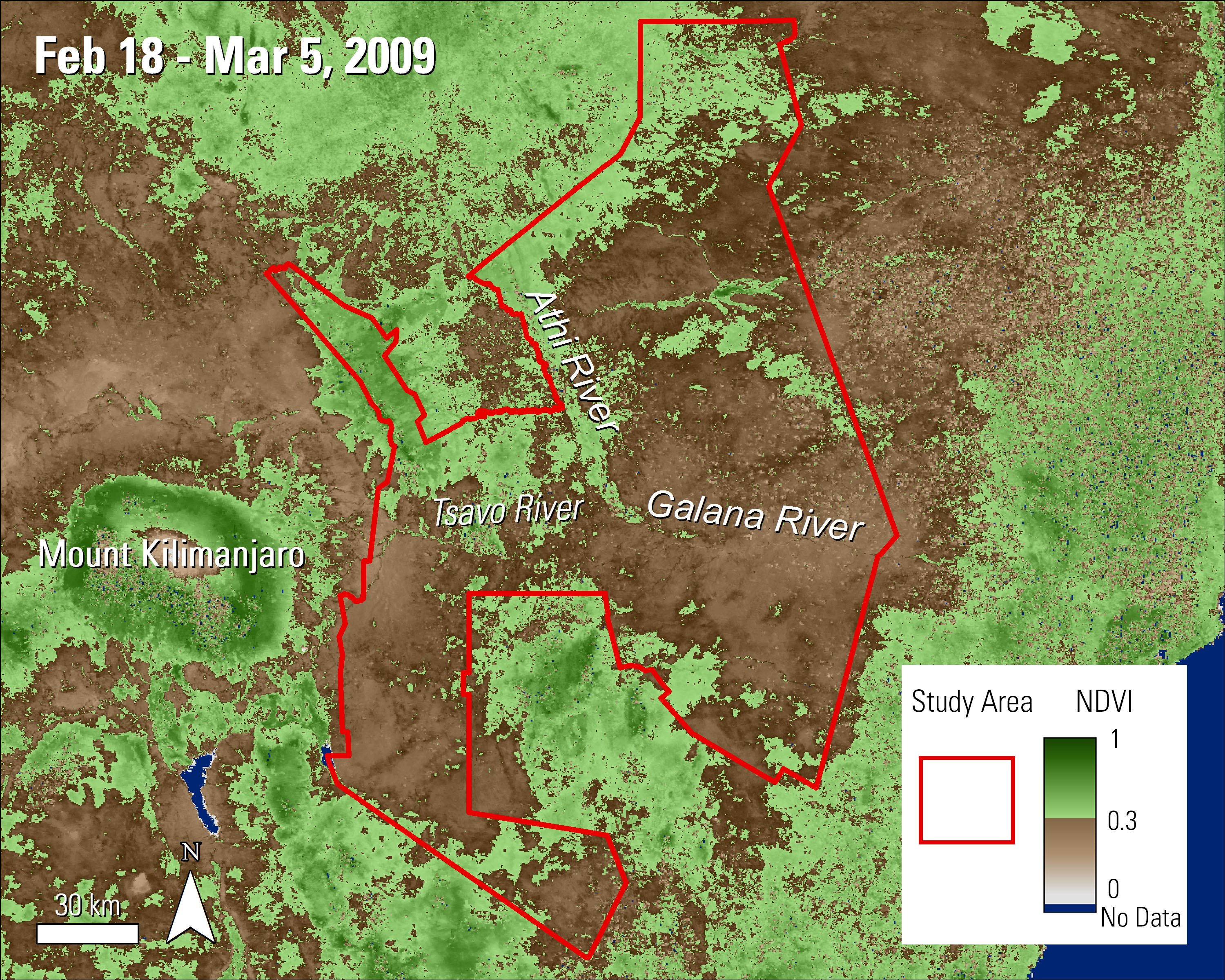 Terra MODIS NDVI data over the Tsavo Conservation Area in Kenya during February and March 2009.