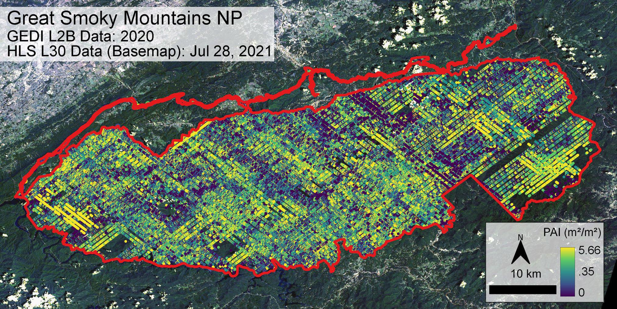 A map of the Great Smoky Mountains National Park showing GEDI data over the park. The park boundaries are highlighted in red, HLS data is used as a basemap. The image contains map elements of north arrow, scale bar, and legend..