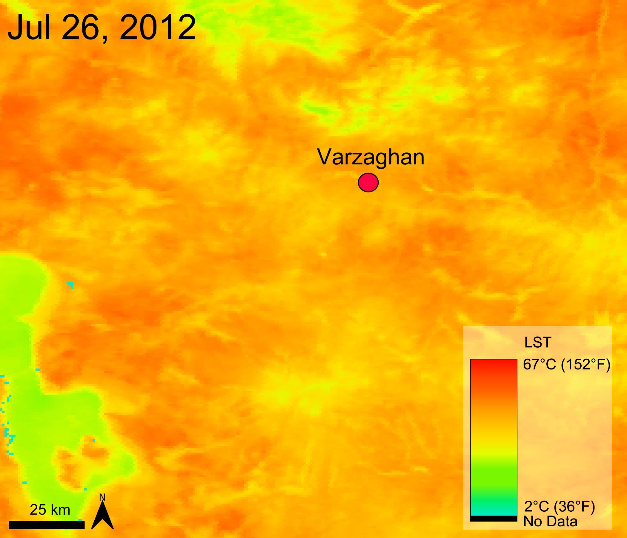 A Terra MODIS image showing land surface temperature data over part of Iran.