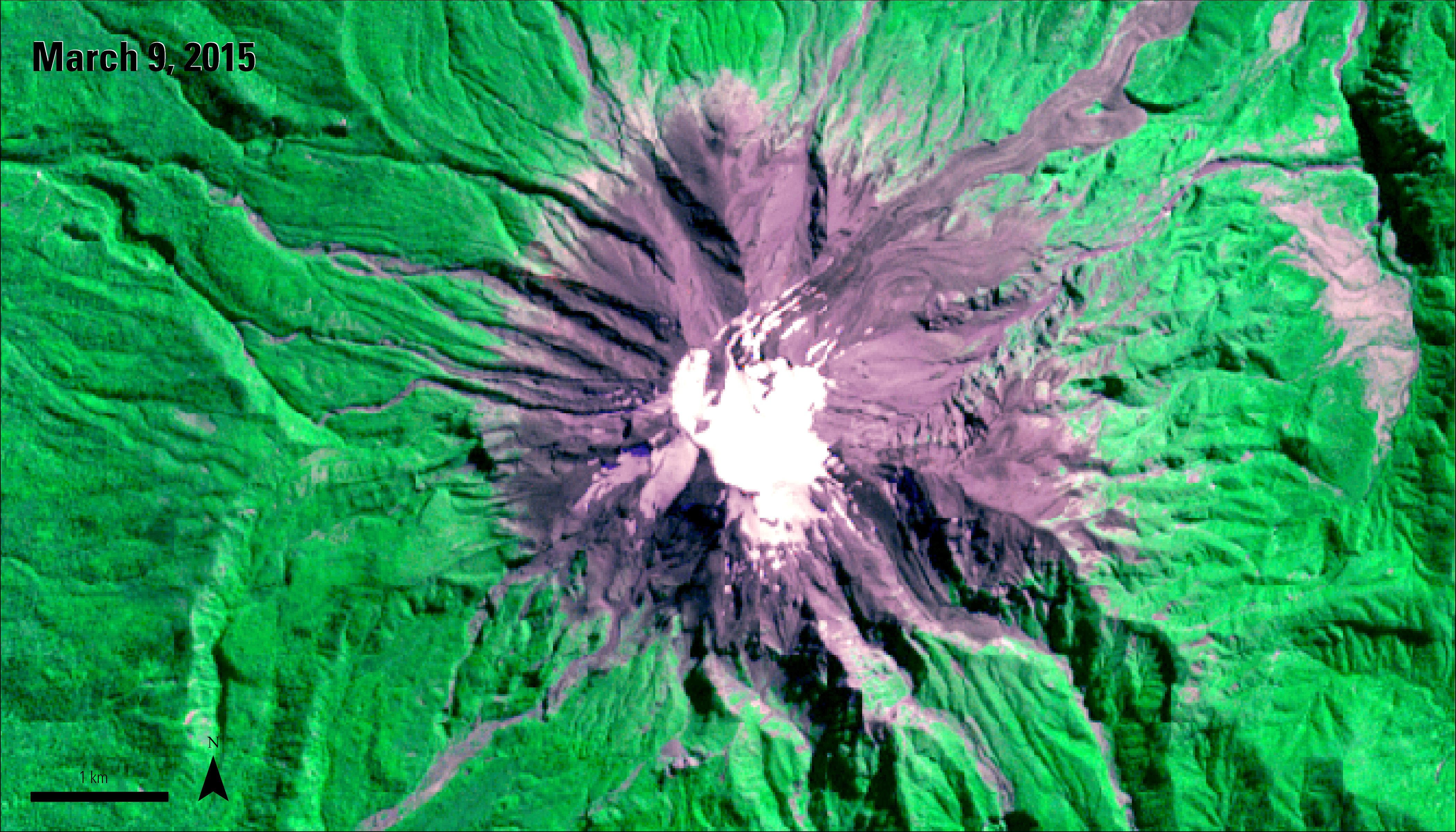 Top down view of Terra ASTER surface reflectance imagery over the Calbuco Volcano, Chile.