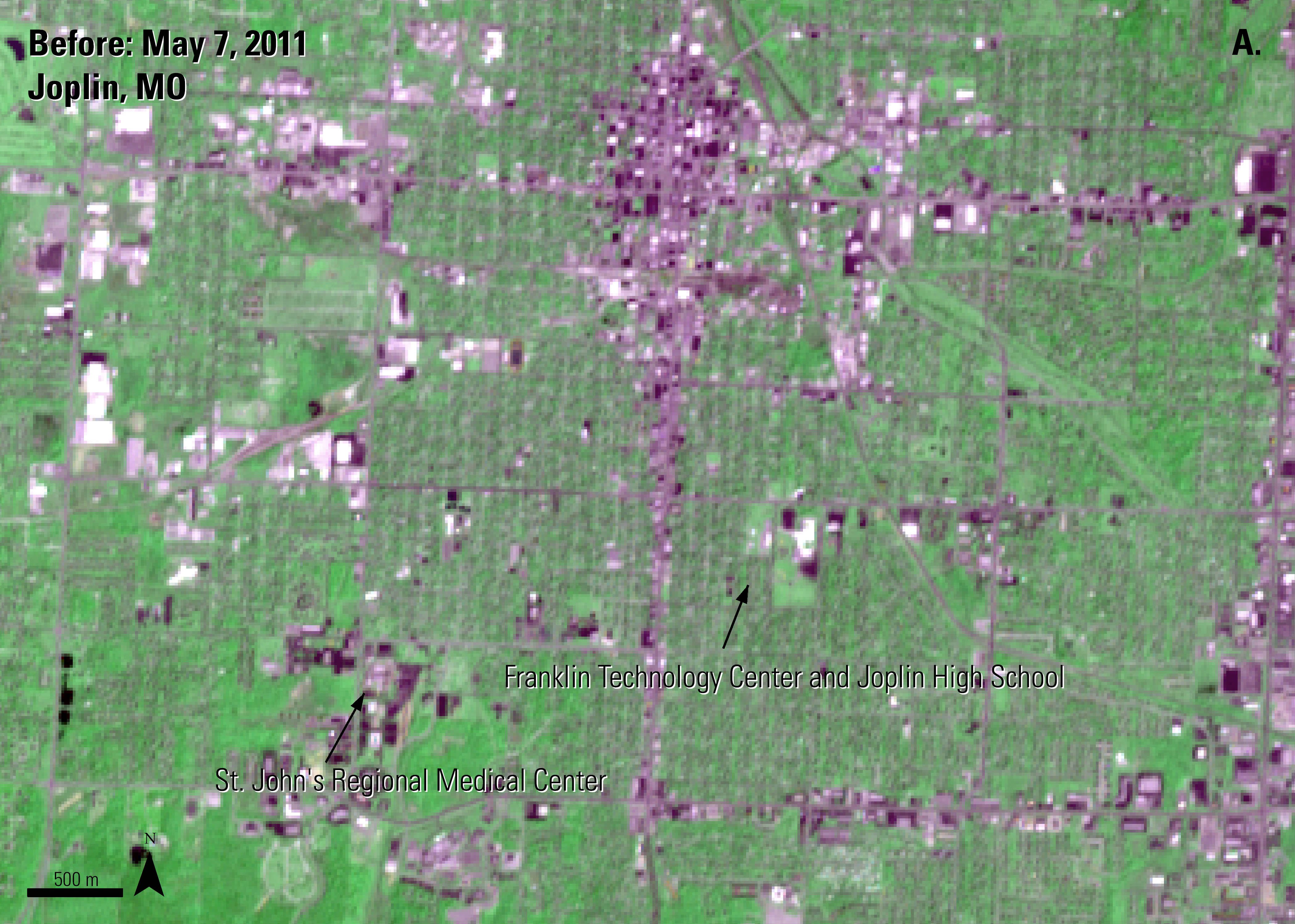 ASTER AST_L1T data of Joplin, Missouri, acquired on May 7, 2011.