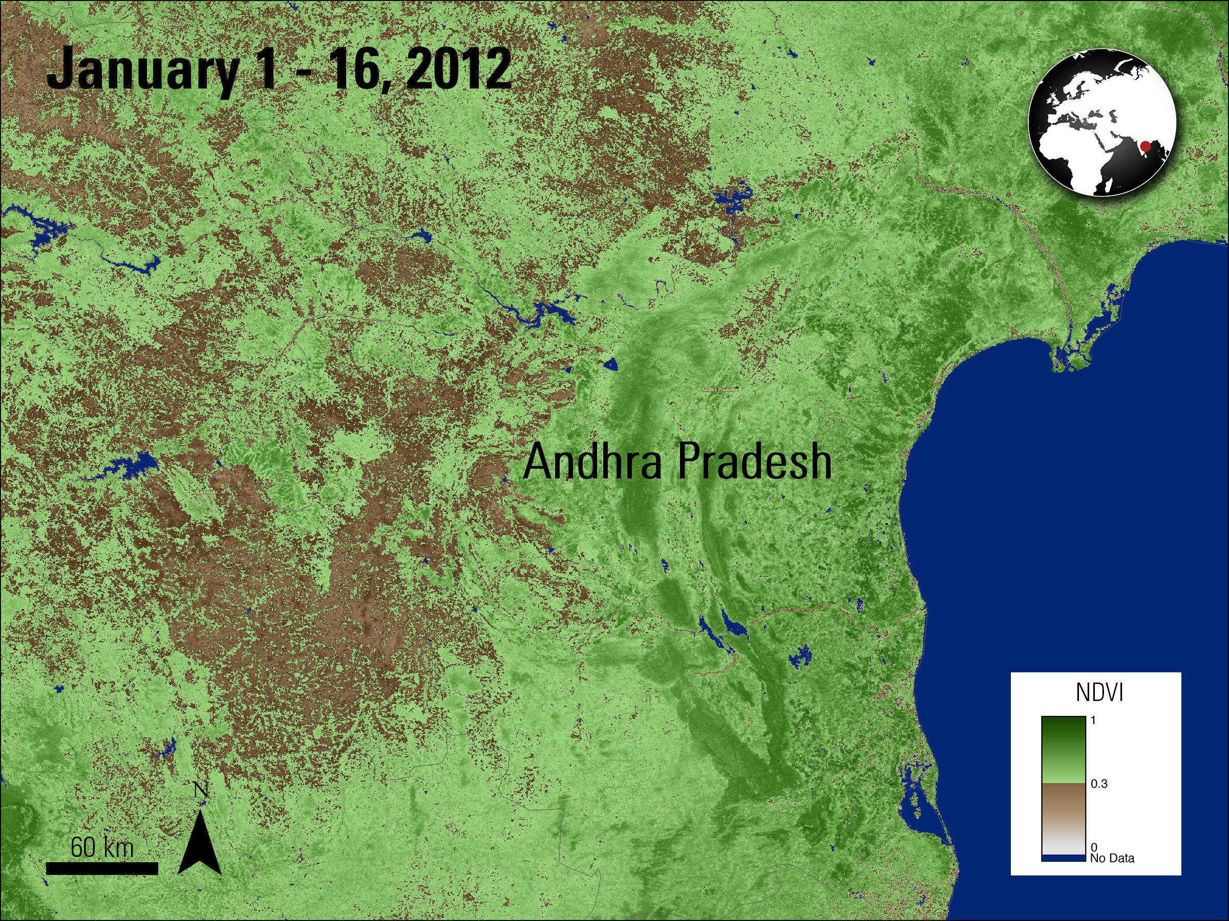 Terra MODIS NDVI data (MOD13Q1) over Andhra Pradesh, India, acquired between January 1 and 16, 2012.