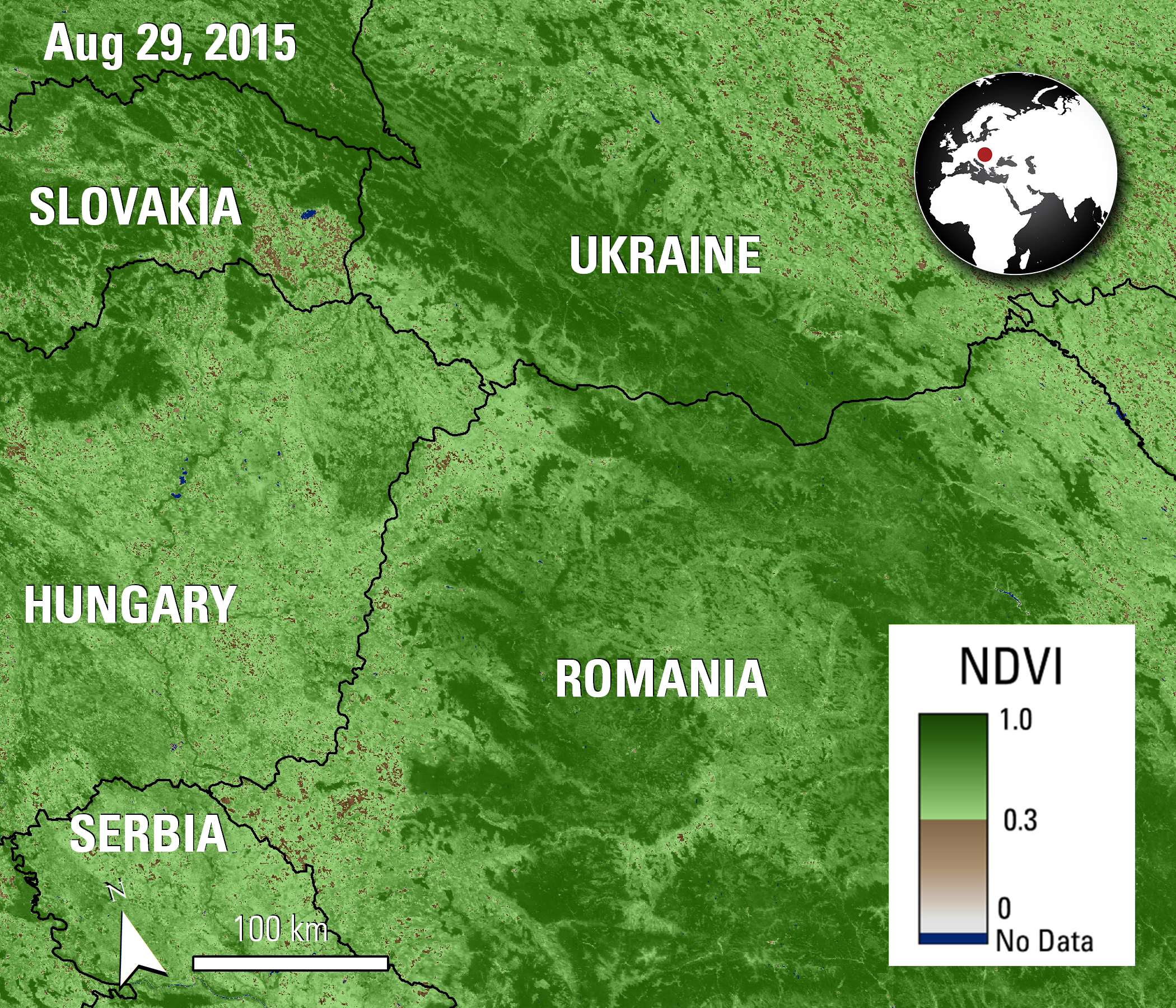 MOD13Q1 product, acquired on August 29, 2015 over Eastern Europe.