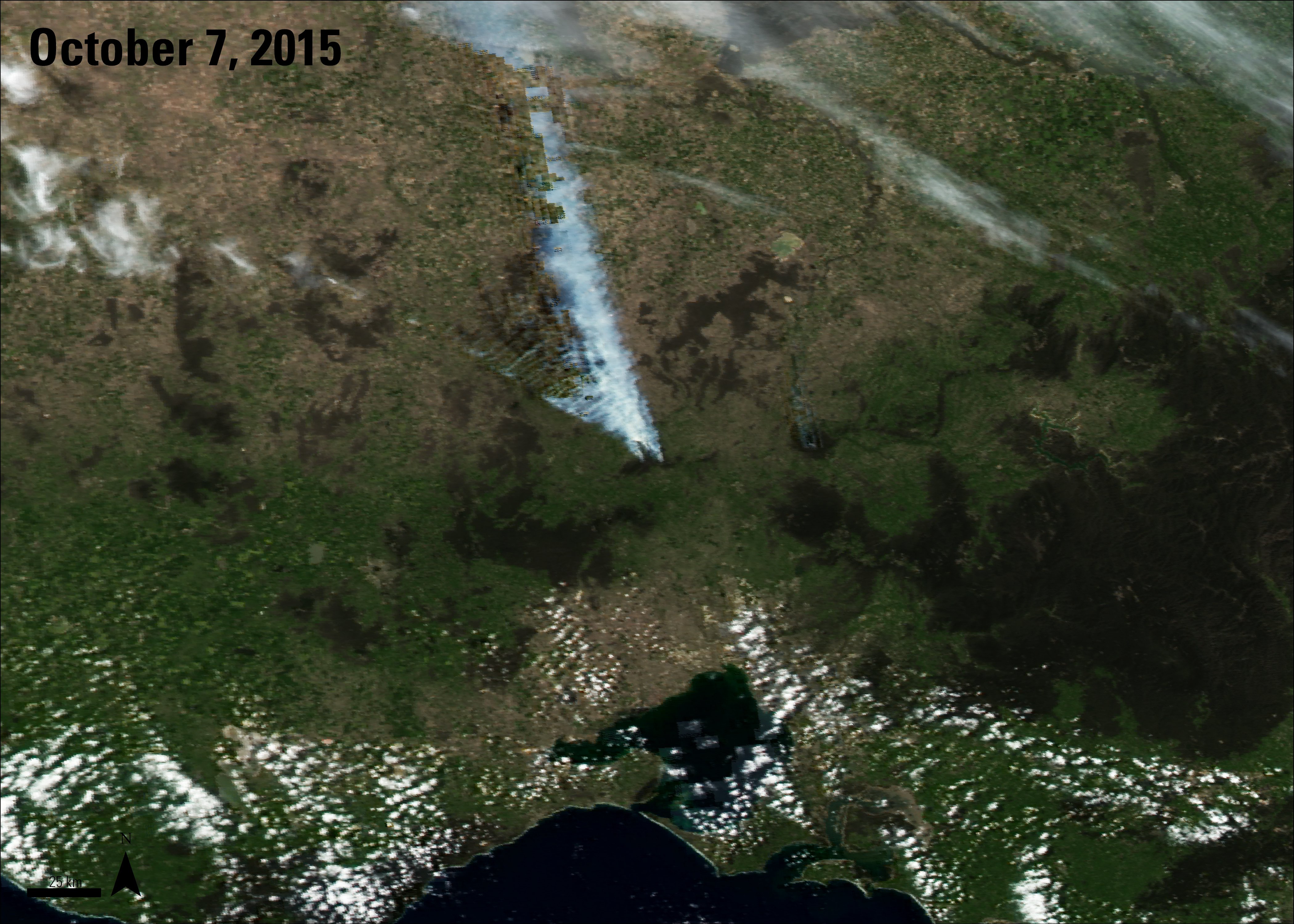 MOD14A2 product showing brush fires in Victoria, Australia, acquired October 7, 2015.