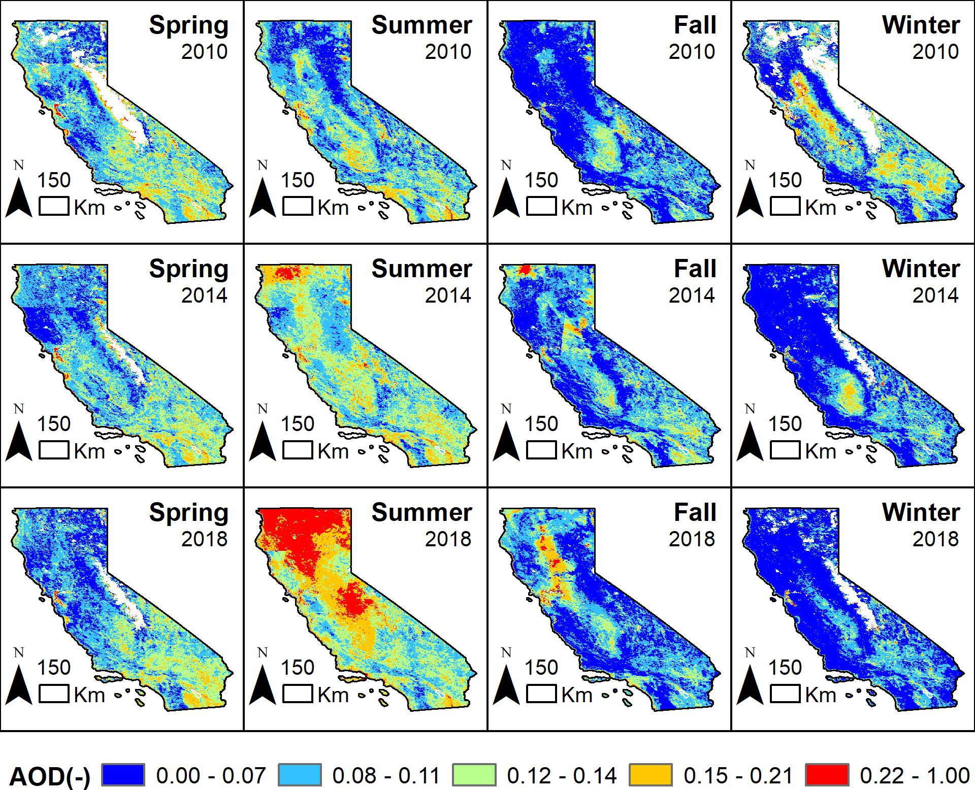 Series of maps showing the seasonal aerosol optical depth of California.