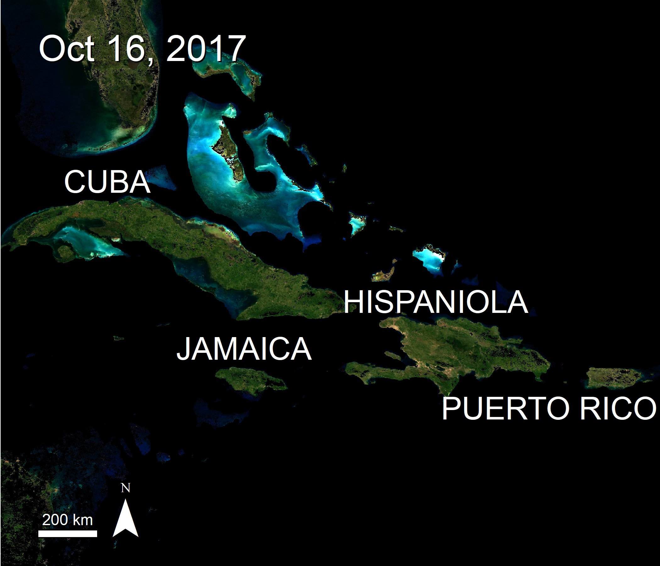 BRDF data over the Caribbean Islands, highlight Cuba, Jamaica, Hispaniola, and Puerto Rico.