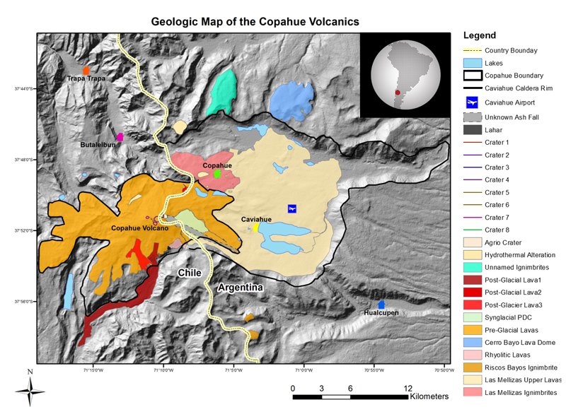 ASTER GDEM used in conjunction with Landsat satellite imagery from 2012 and 2013.  Geologic Map of the Copahue Volcanics, Andes Mountains.