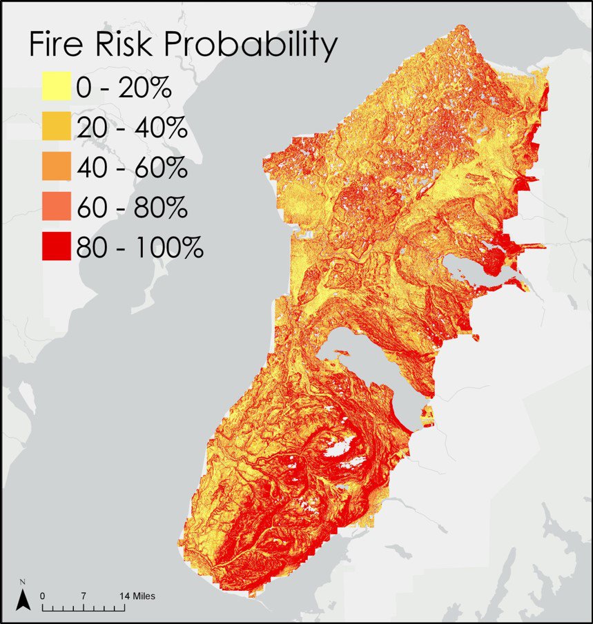 Results from the fire danger probability model, created by the DEVELOP team.
