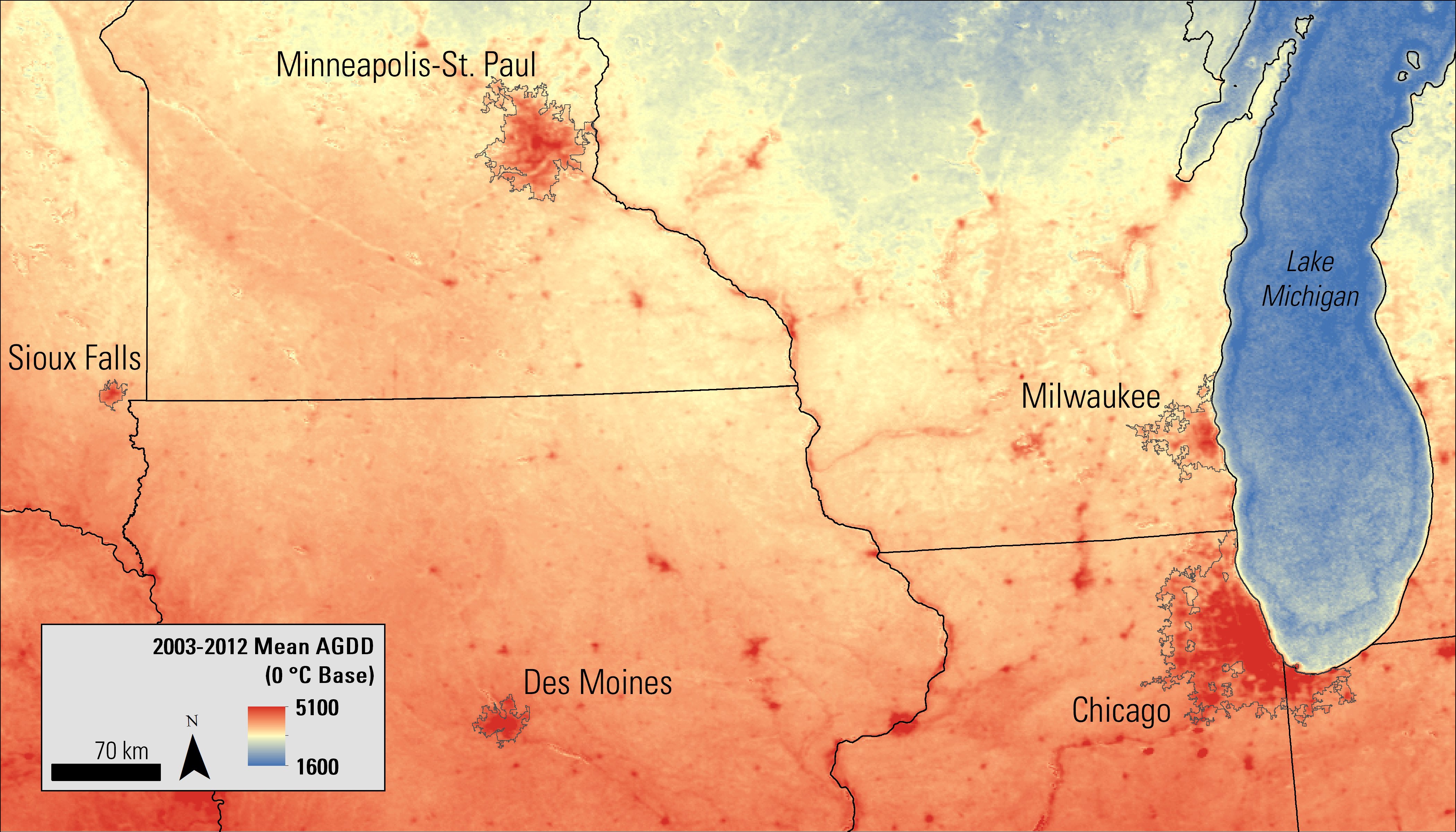 MODIS LST-derived Average Accumulated Growing Degree Days from 2003-2012 over the Midwest.