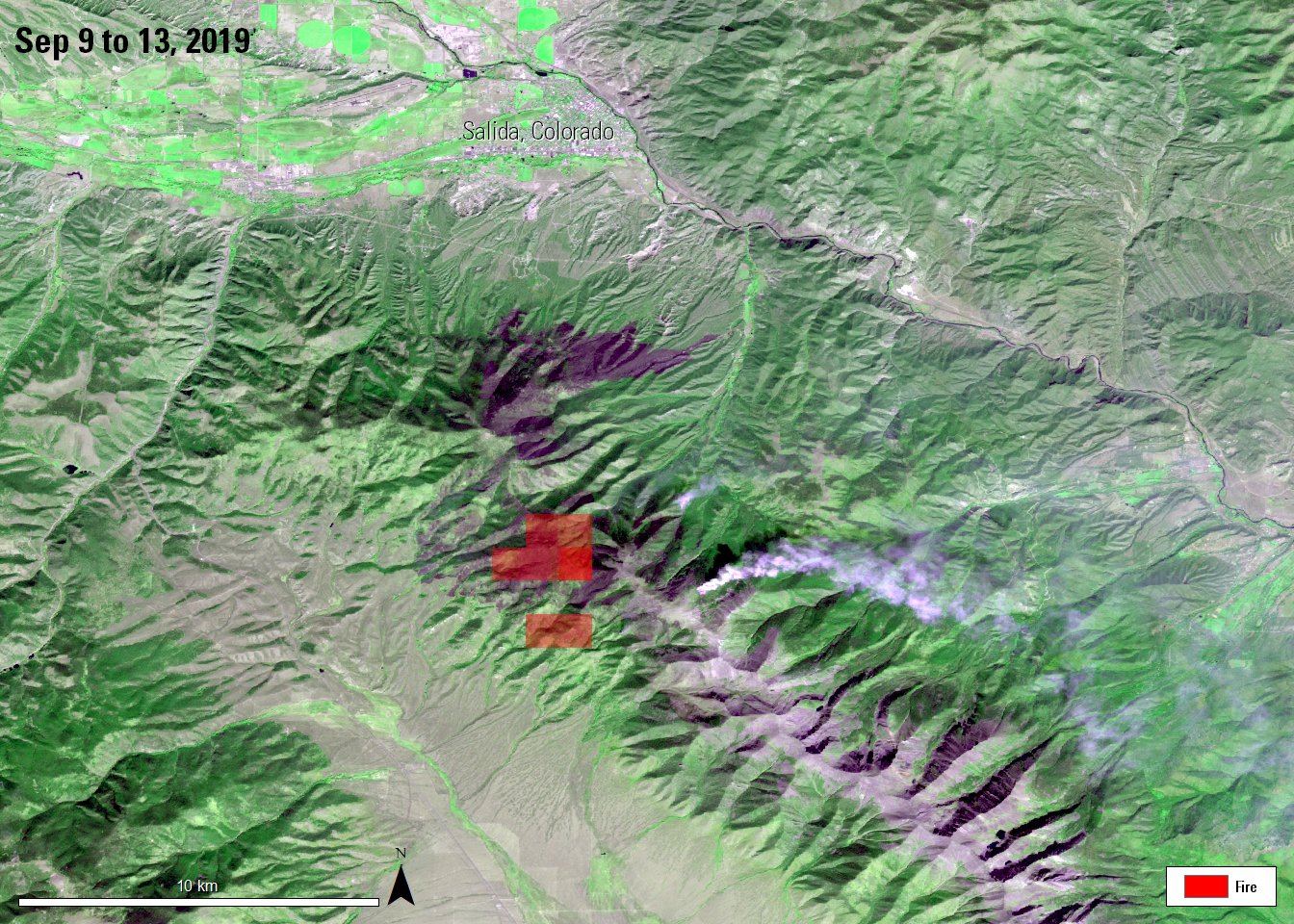 VNP14 products from Sep 9 to Sep 13, 2019 overlaid on AST_L1T image of Decker Fire near Salida, Colorado, acquired on October 12, 2019.