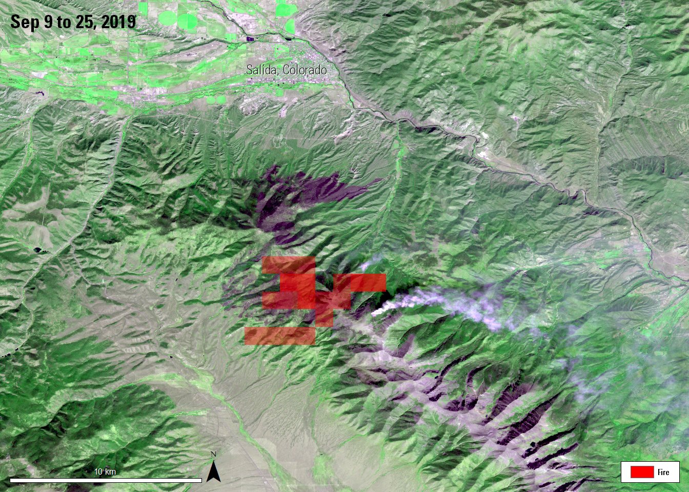 VNP14 products from Sep 9 to Sep 25, 2019 overlaid on AST_L1T image of Decker Fire near Salida, Colorado, acquired on October 12, 2019.