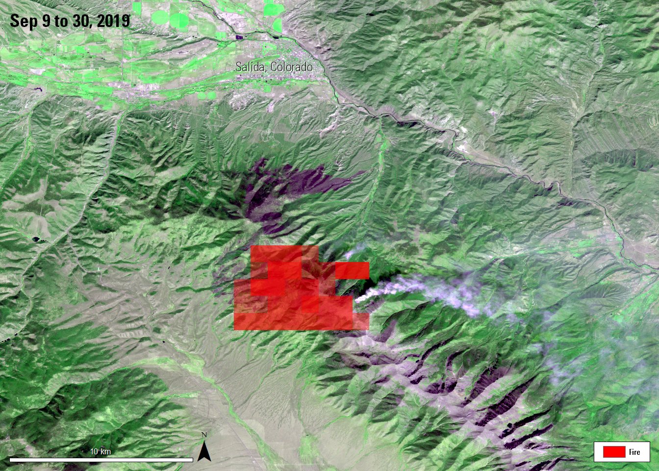 VNP14 products from Sep 9 to Sep 30, 2019 overlaid on AST_L1T image of Decker Fire near Salida, Colorado, acquired on October 12, 2019.
