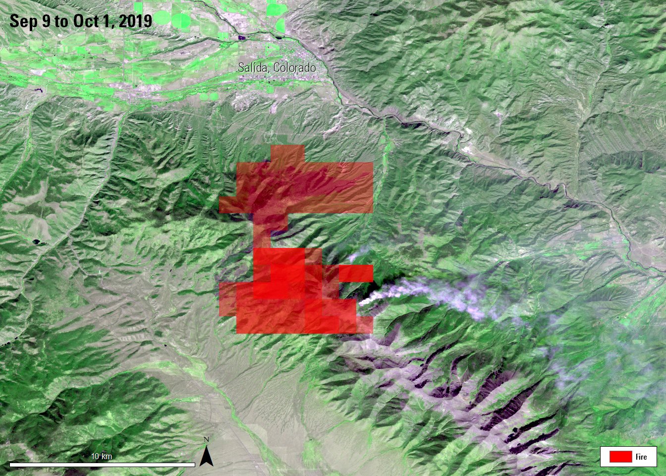 VNP14 products from Sep 9 to Oct 1, 2019 overlaid on AST_L1T image of Decker Fire near Salida, Colorado, acquired on October 12, 2019.