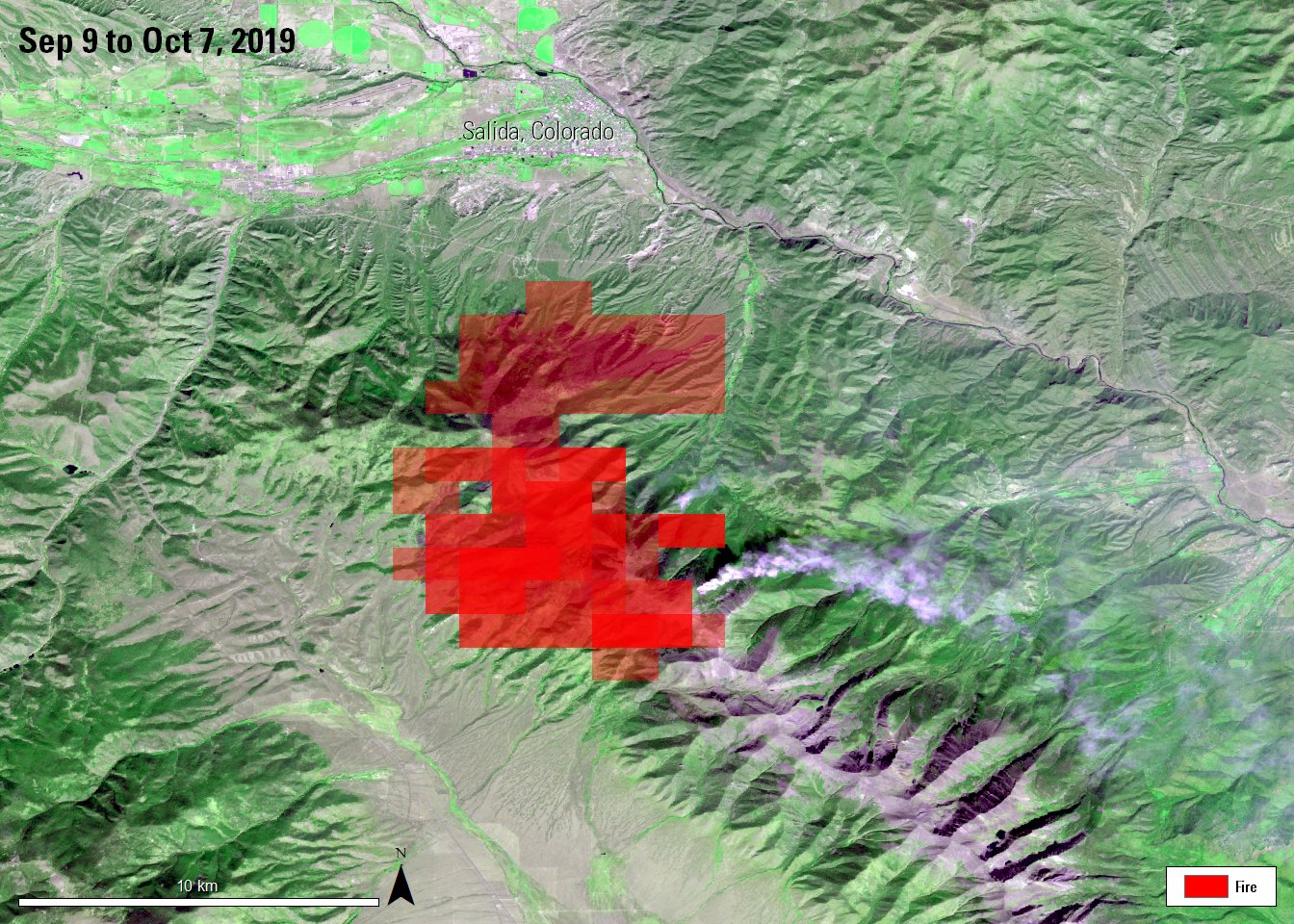 VNP14 products from Sep 9 to Oct 7, 2019 overlaid on AST_L1T image of Decker Fire near Salida, Colorado, acquired on October 12, 2019.