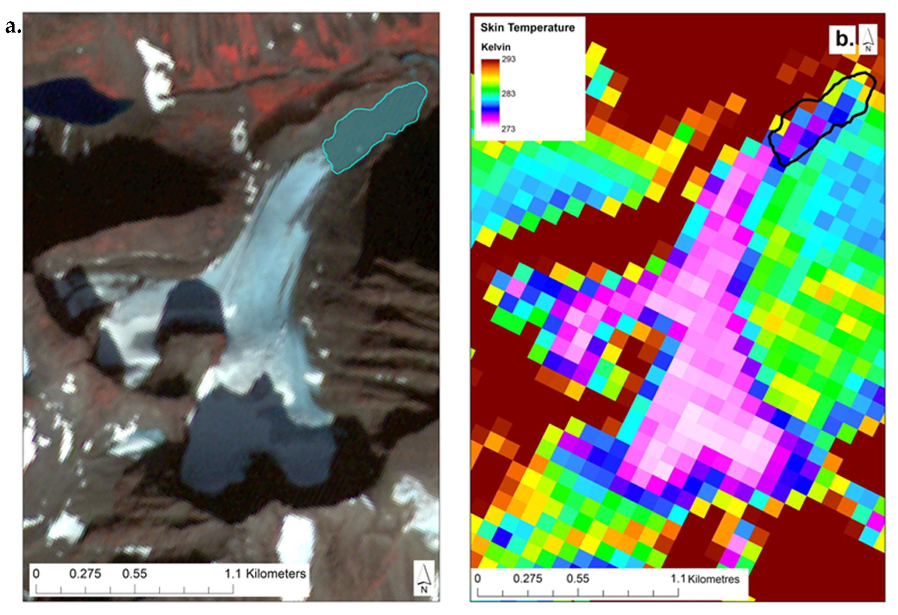Two maps showing proglacial lake 6. The left map shows the lake with surface reflectance data. The right map shows the same lake with land surface temperature data.