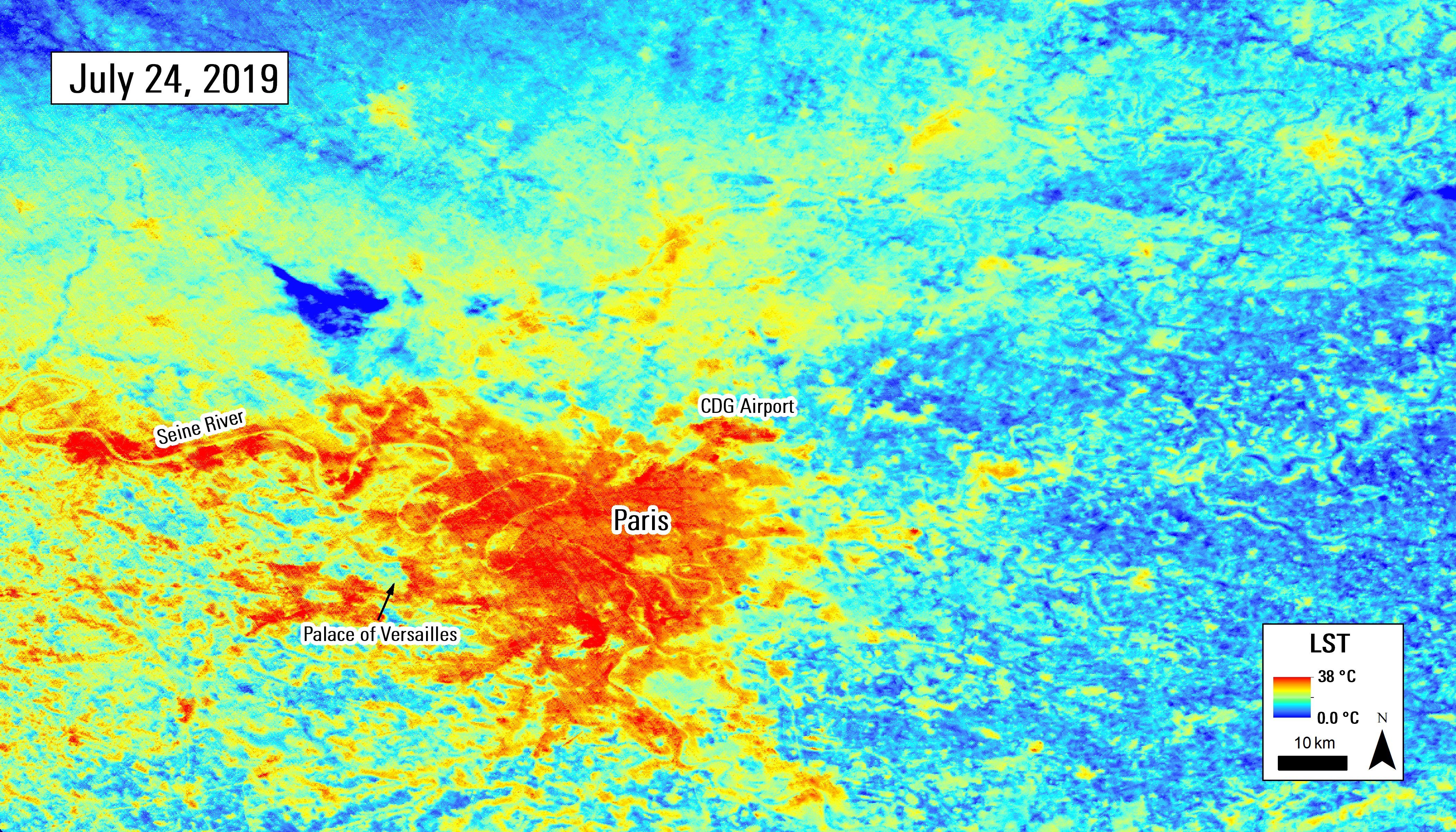 ECOSTRESS Land Surface Temperature observation over Paris, France, acquired on July 24, 2019.