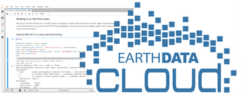 Image with a Jupyter Notebook with Python code on the left and the Earthdata Cloud Logo on the right