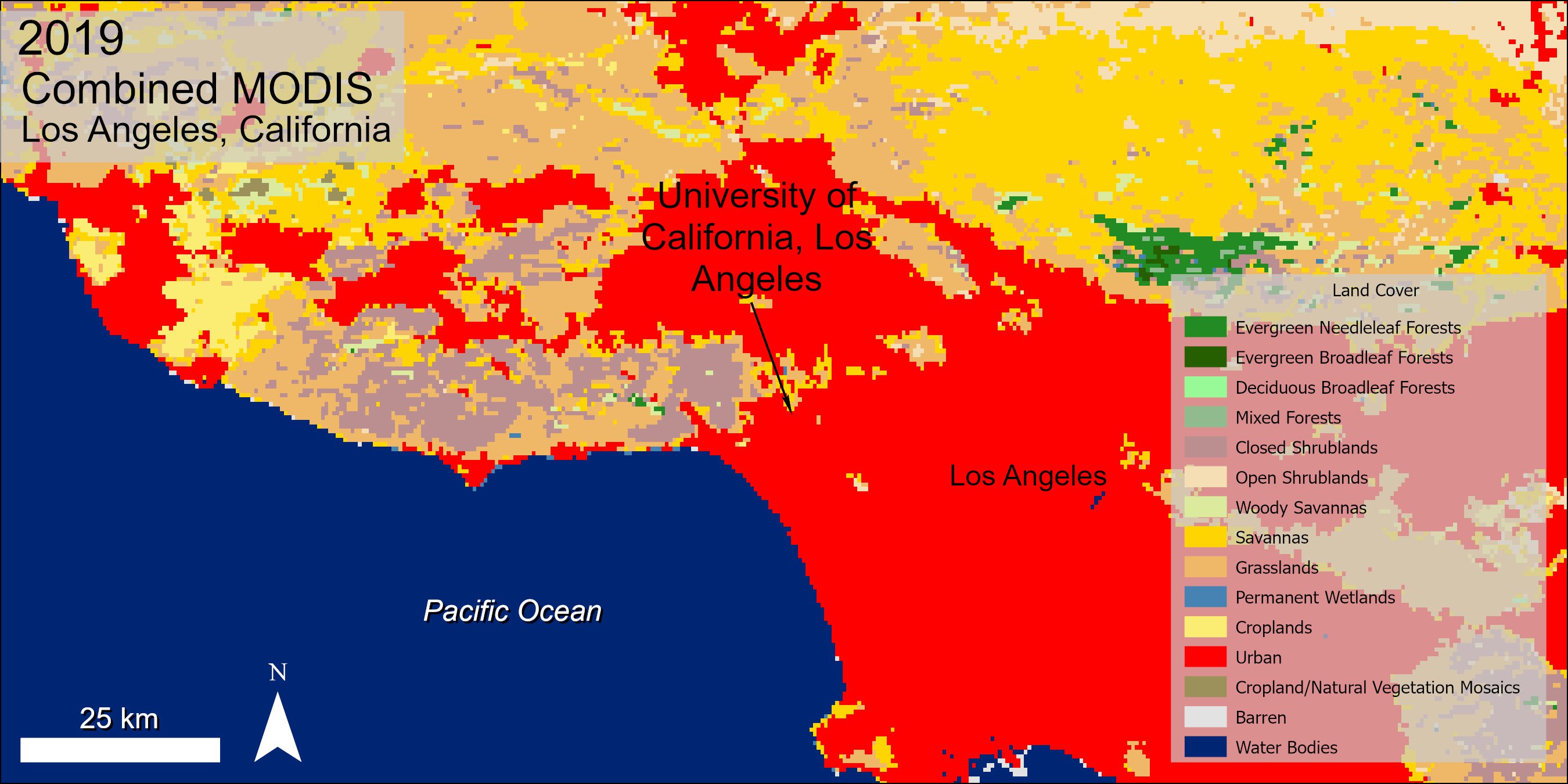 Combined MODIS land cover data over Los Angeles, California.