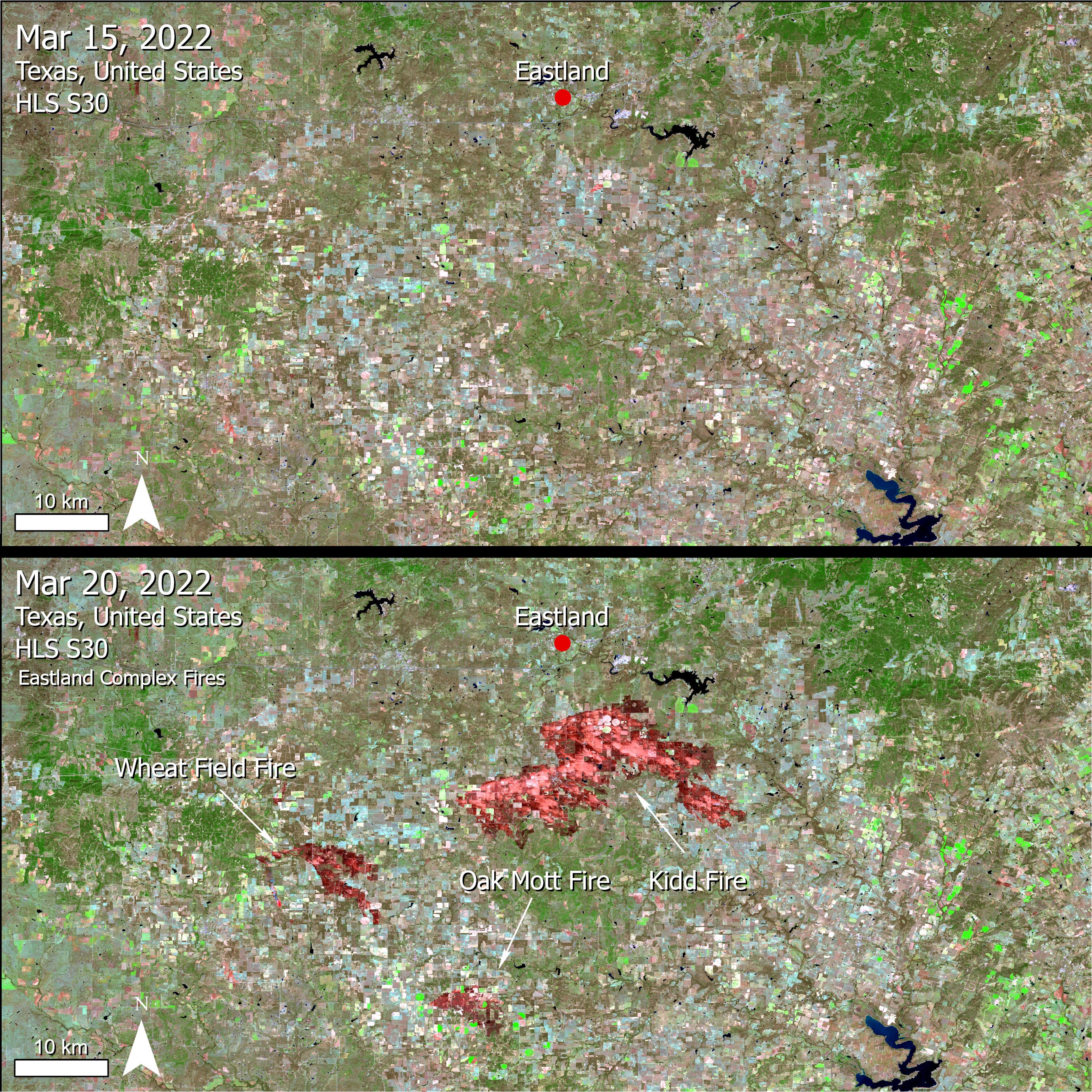 Two images. The top image shows an area near Eastland, Texas before the fires. The bottom image is from 5 days later and shows the large burn scar of the fires.
