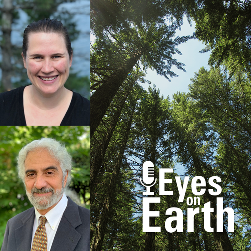 The Eyes on Earth logo with photos of Laura Duncanson and Ralph Dubayah, both of the University of Maryland.
