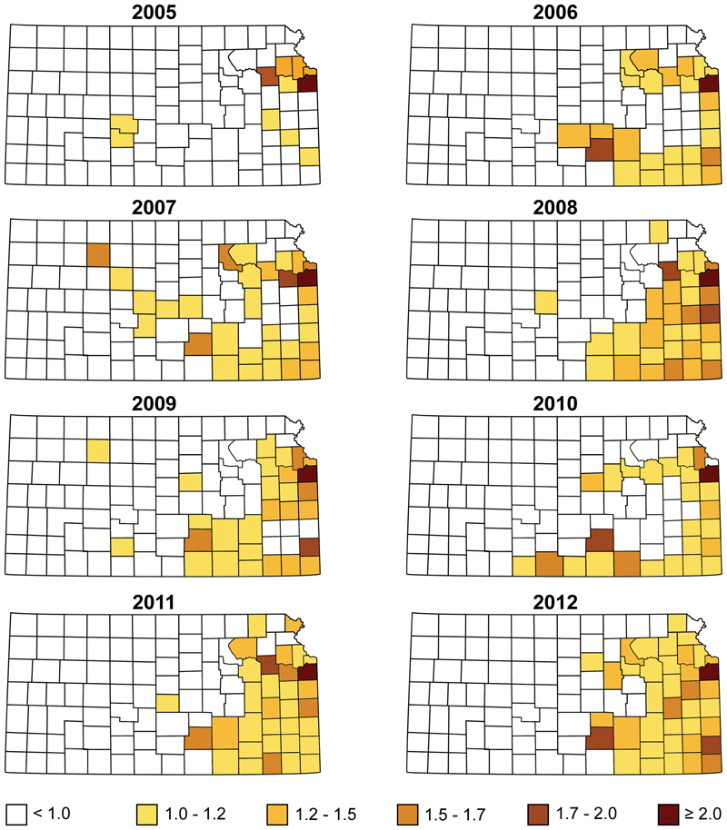Maps showing the smooth posterior relative risk for HME, by county, in Kansas from 2005 to 2012.