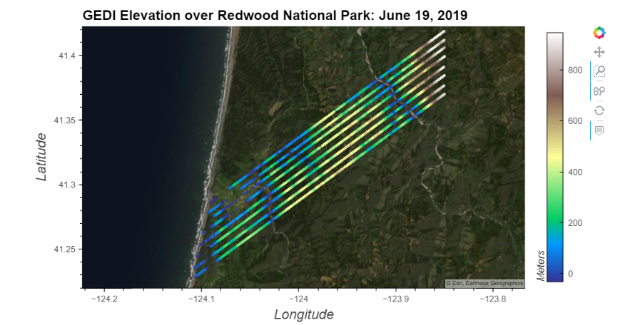 GEDI Elevation over Redwood National Park.