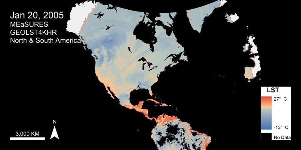 Land Surface Temperature data over North and part of South America for January 20, 2005.