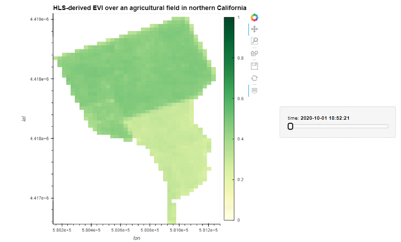 Holoviews plot showing HLS-derived EVI and color ramp in shades of yellow-green over a walnut orchard in northern California.
