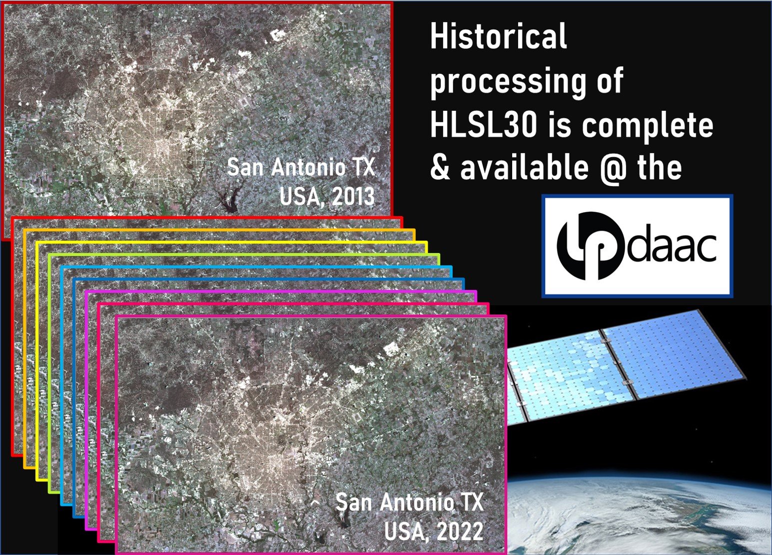 Image is a cascading data stack of HLS imagery over San Antonio, Texas from 2003 to 2022 with outer space background and satellite.