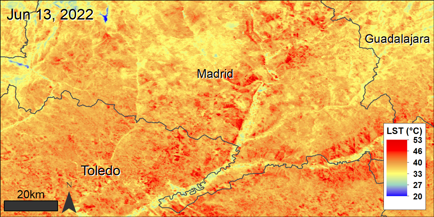 Land Surface Temperature map over Madrid Spain using ECOSTRESS LST data, highlighting the recent heatwave.