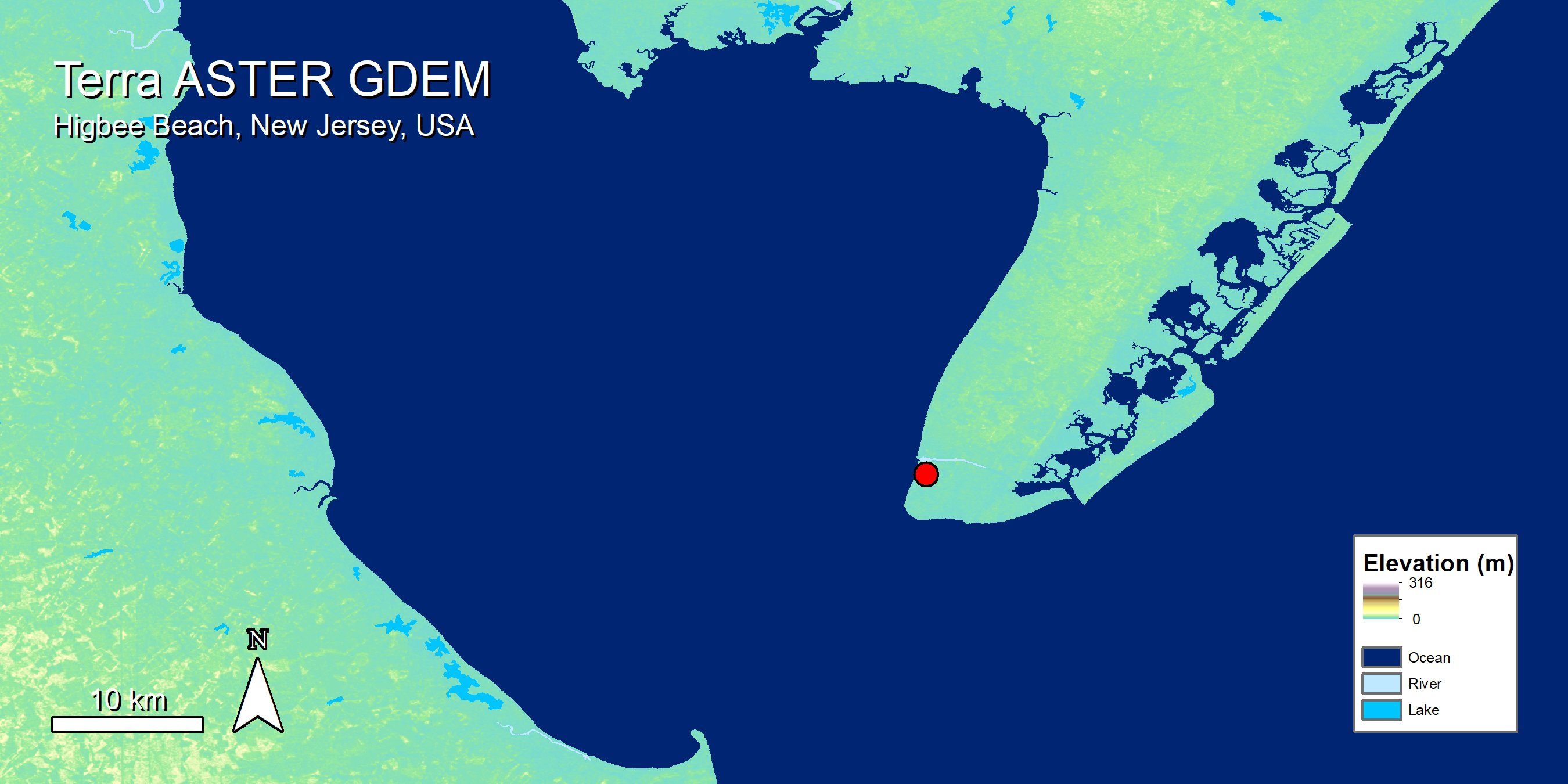 ASTER elevation and water bodies data over Higebee Beach, New Jersey.