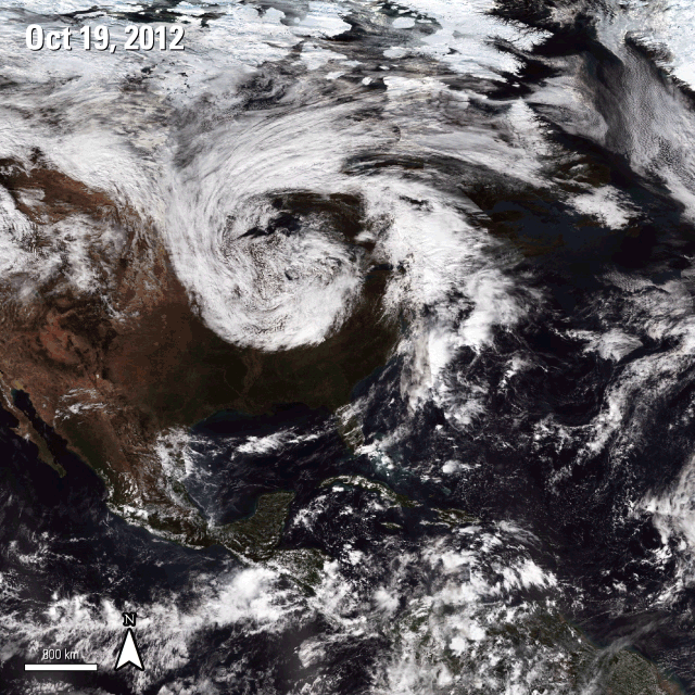 GIF of Hurricane Sandy traveling up the East Coast of the United States using S-NPP NASA VIIRS Surface Reflectance data.