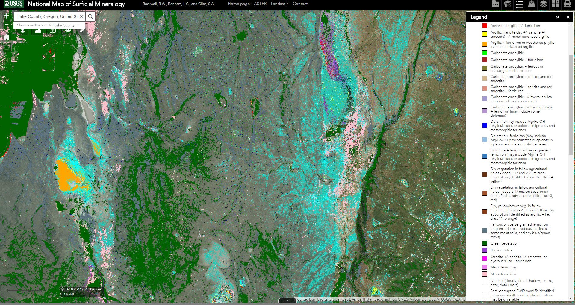 Screen shot of ASTER data over Lake County, Oregon, United States from the National Map of Surficial Mineralogy.
