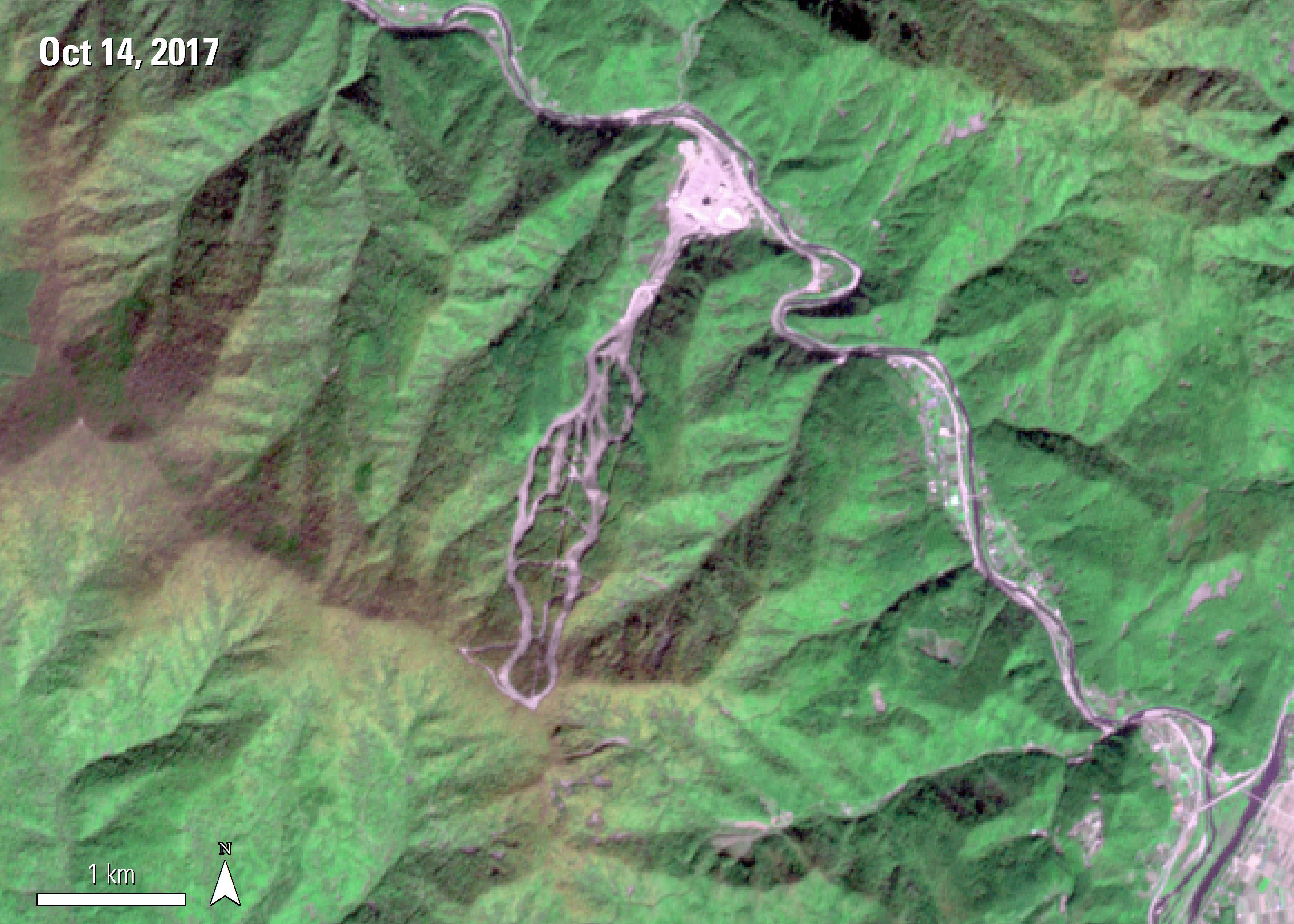 Top down view of Terra ASTER surface reflectance image of the ski slope added for the 2018 Winter Olympics on Mount Garwing, Pyeongchange, South Korea, acquired October 14, 2017.