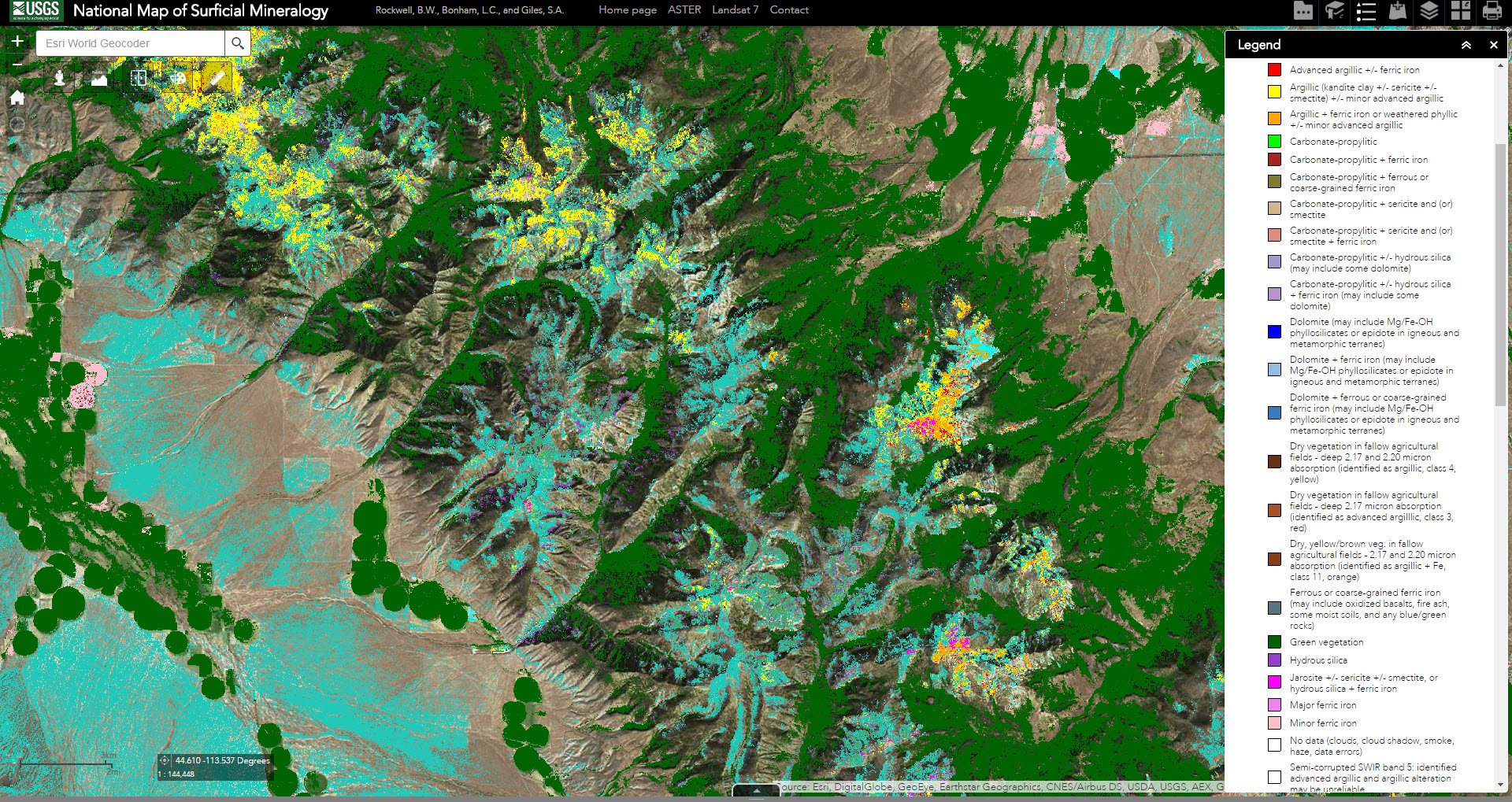 Screen shot of ASTER data over Lemhi County, Idaho, United States from the National Map of Surficial Mineralogy.