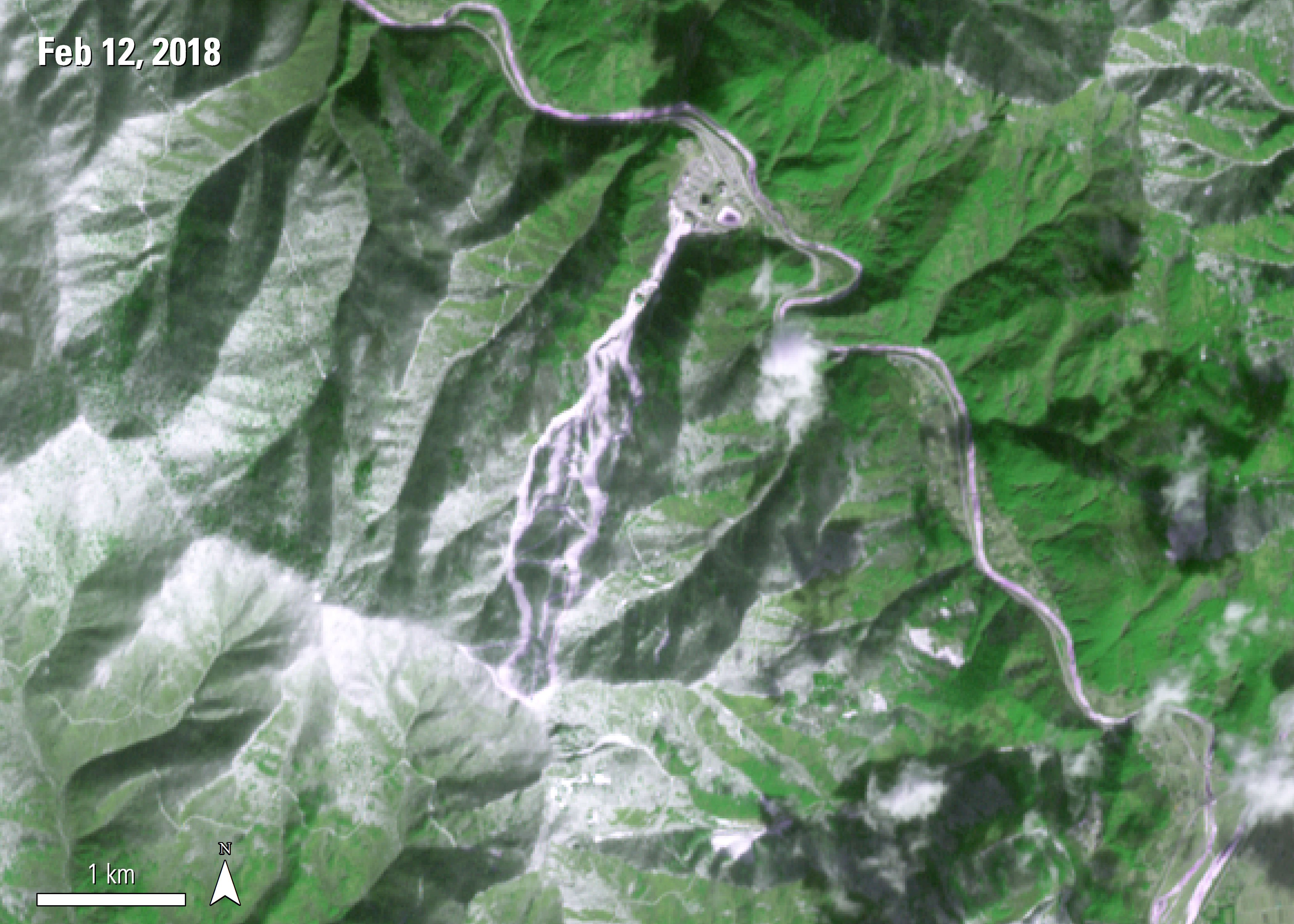 Top down view of Terra ASTER surface reflectance imagery of the ski slope during the 2018 Winter Olympics on Mount Garwing, Pyeongchange, South Korea, acquired February 12, 2018.