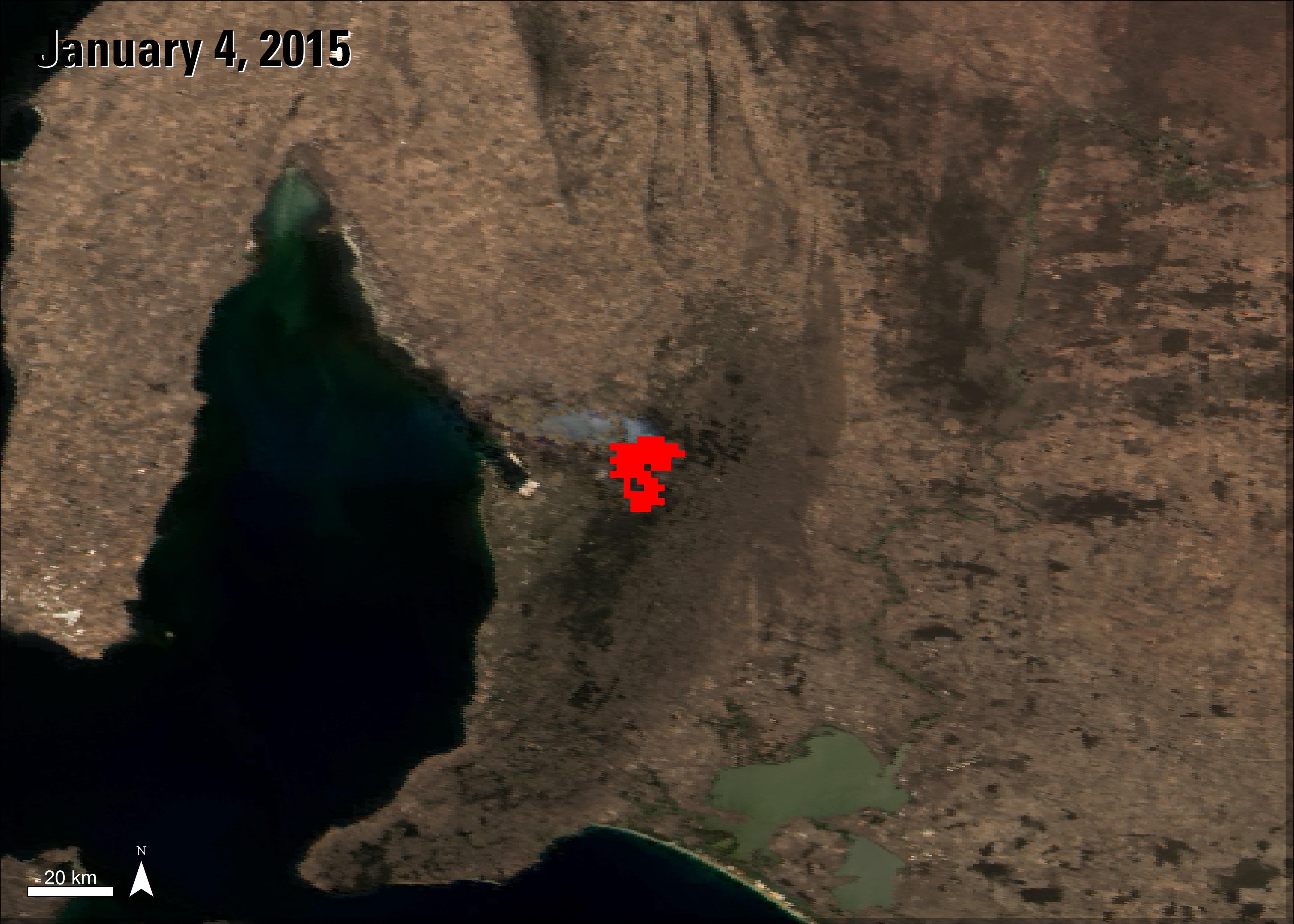 MODIS fire data over surface reflectance data showing the Sampson Flat brushfires in South Australia.