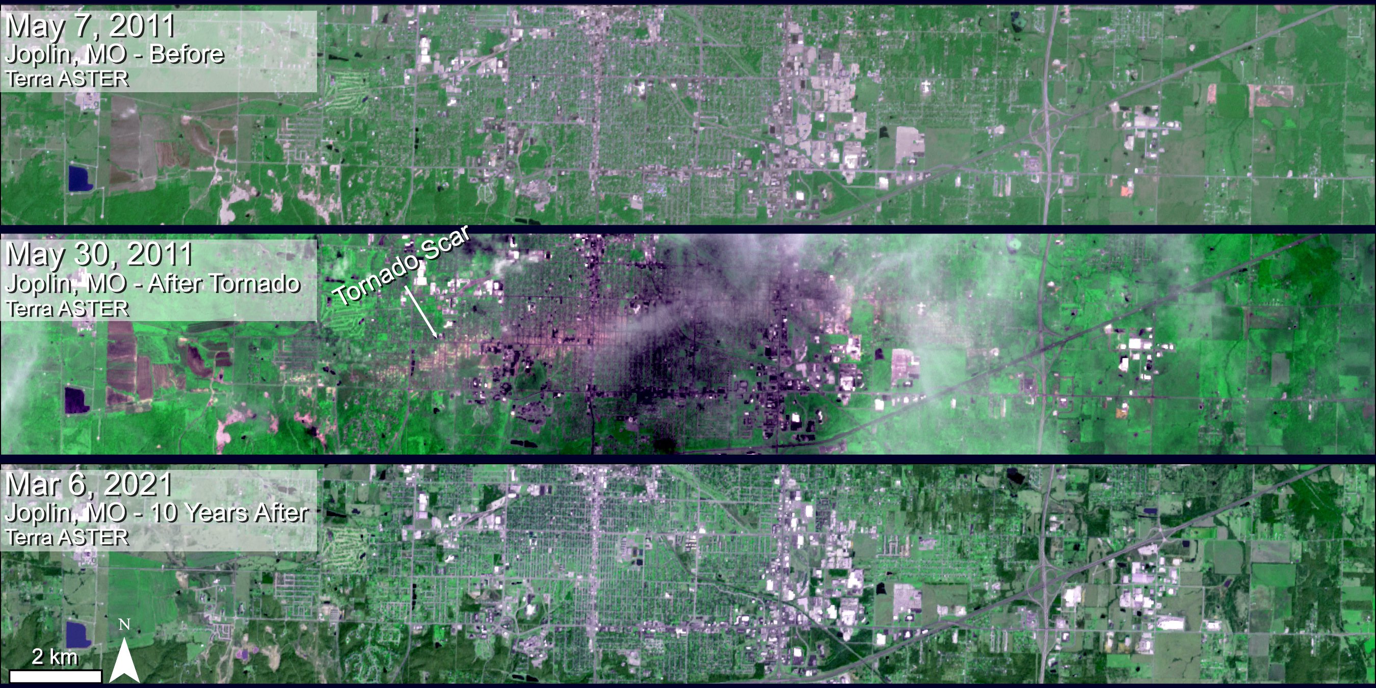 Three Terra ASTER images showing Joplin, Missouri before, after, and 10 years after the EF-5 tornado. A tornado scar is visible in the middle and bottom image.