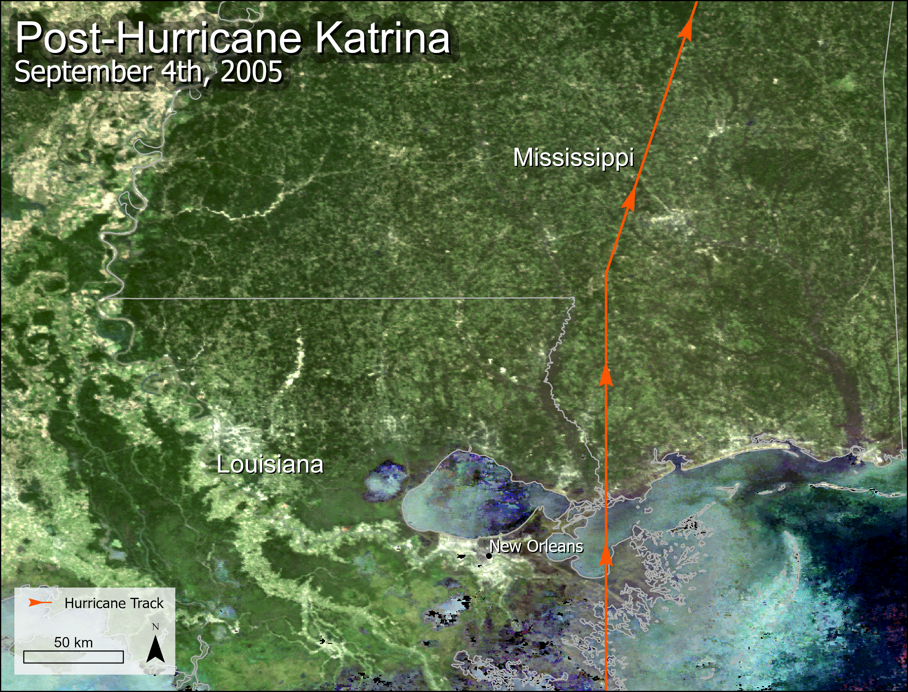 True color composite image of Louisiana and Mississippi on September 4, 2005, using the band combination 1-4-3 from the Combined Terra and Aqua MODIS BRDF-Adjusted Reflectance (NBAR) product. An orange line, signifying the track of Hurricane Katrina, stret