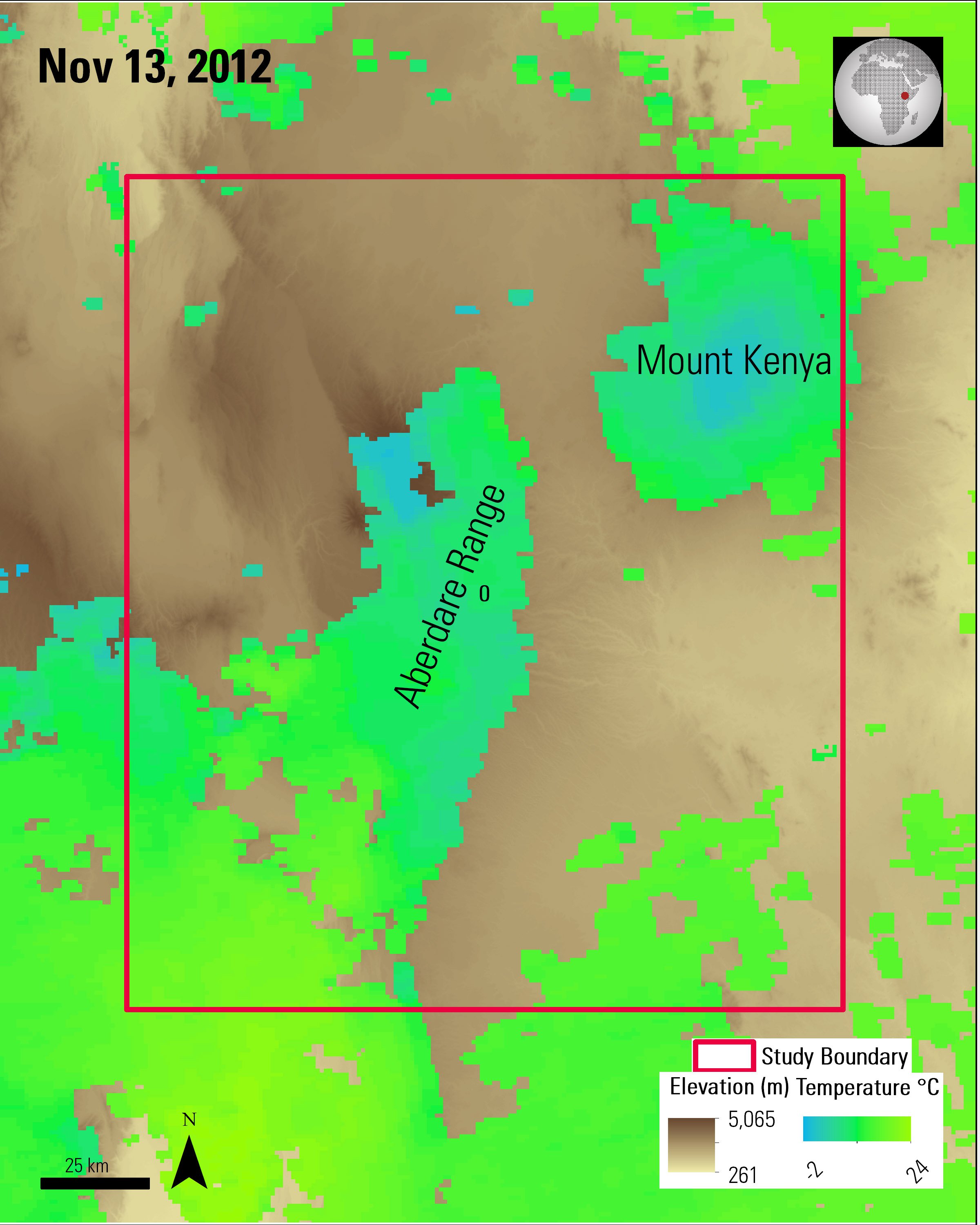 Terra MODIS nighttime LST data over Terra ASTER elevation data over Kenya.