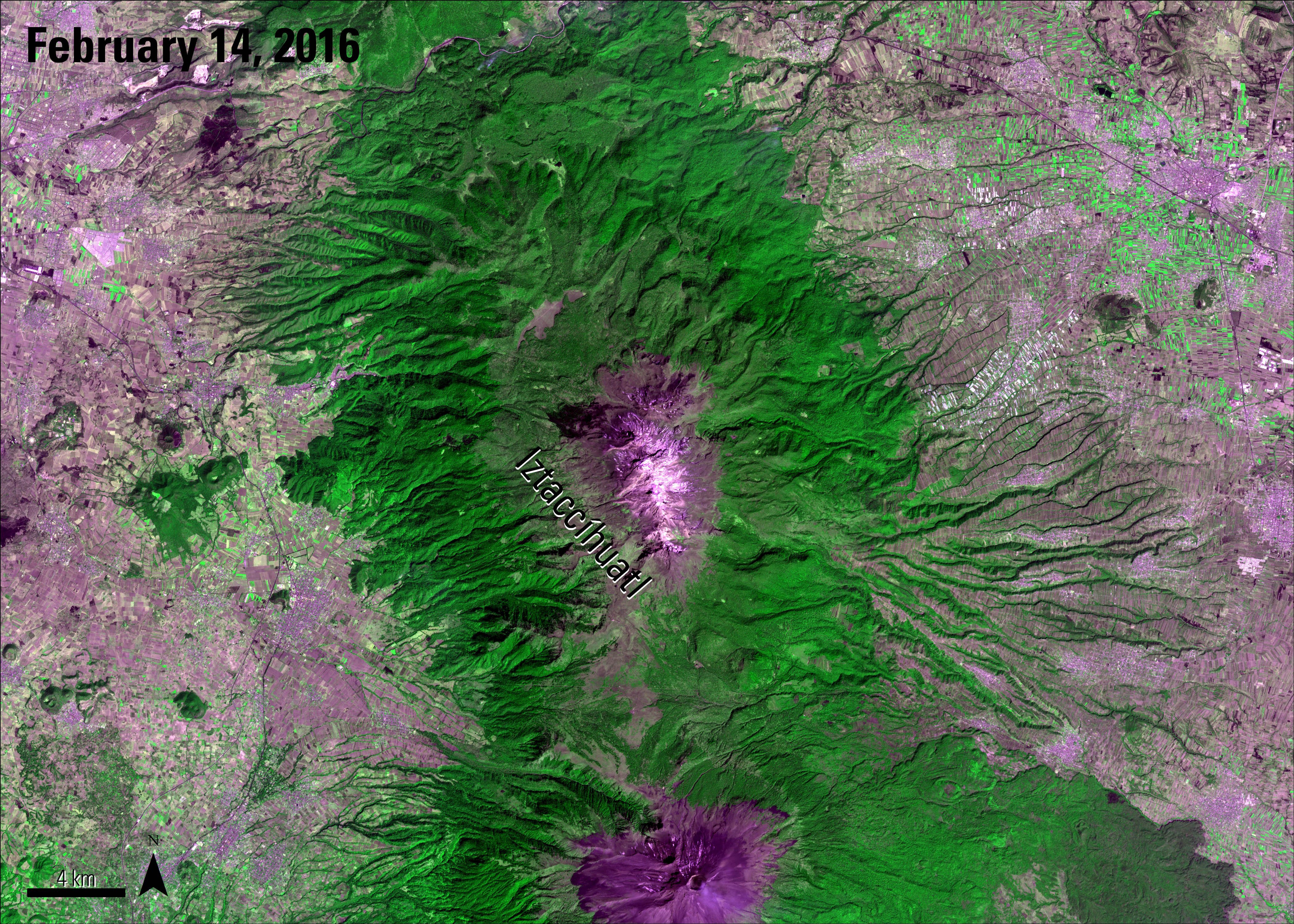 Terra ASTER Surface Radiance image of Mount Iztaccíhuatl, Mexico with labels, acquired February 14, 2016.