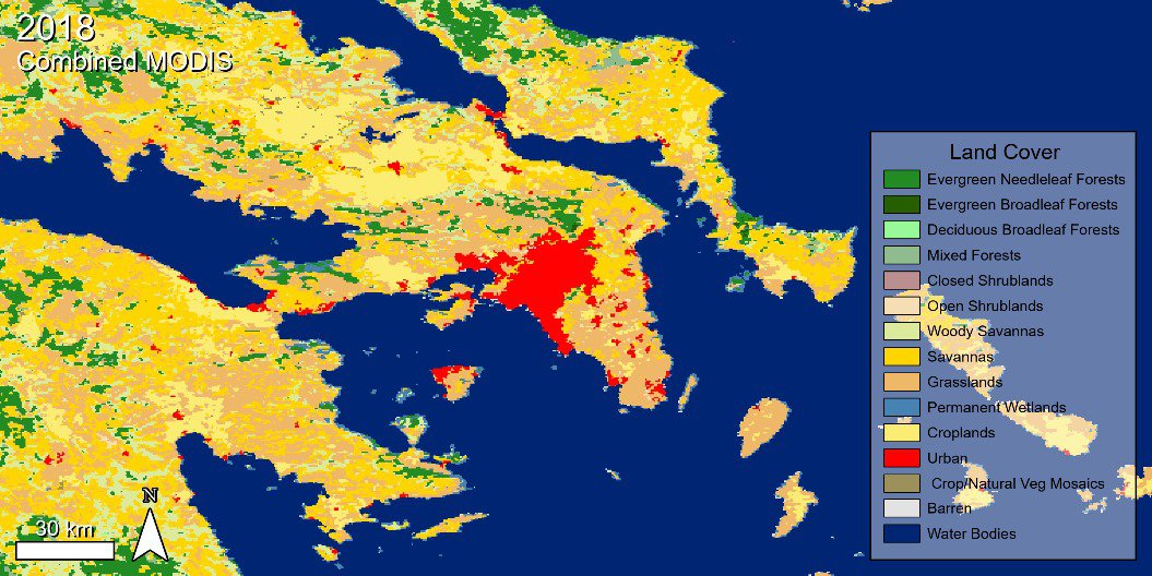 MODIS Land Cover data over Athens Greece.