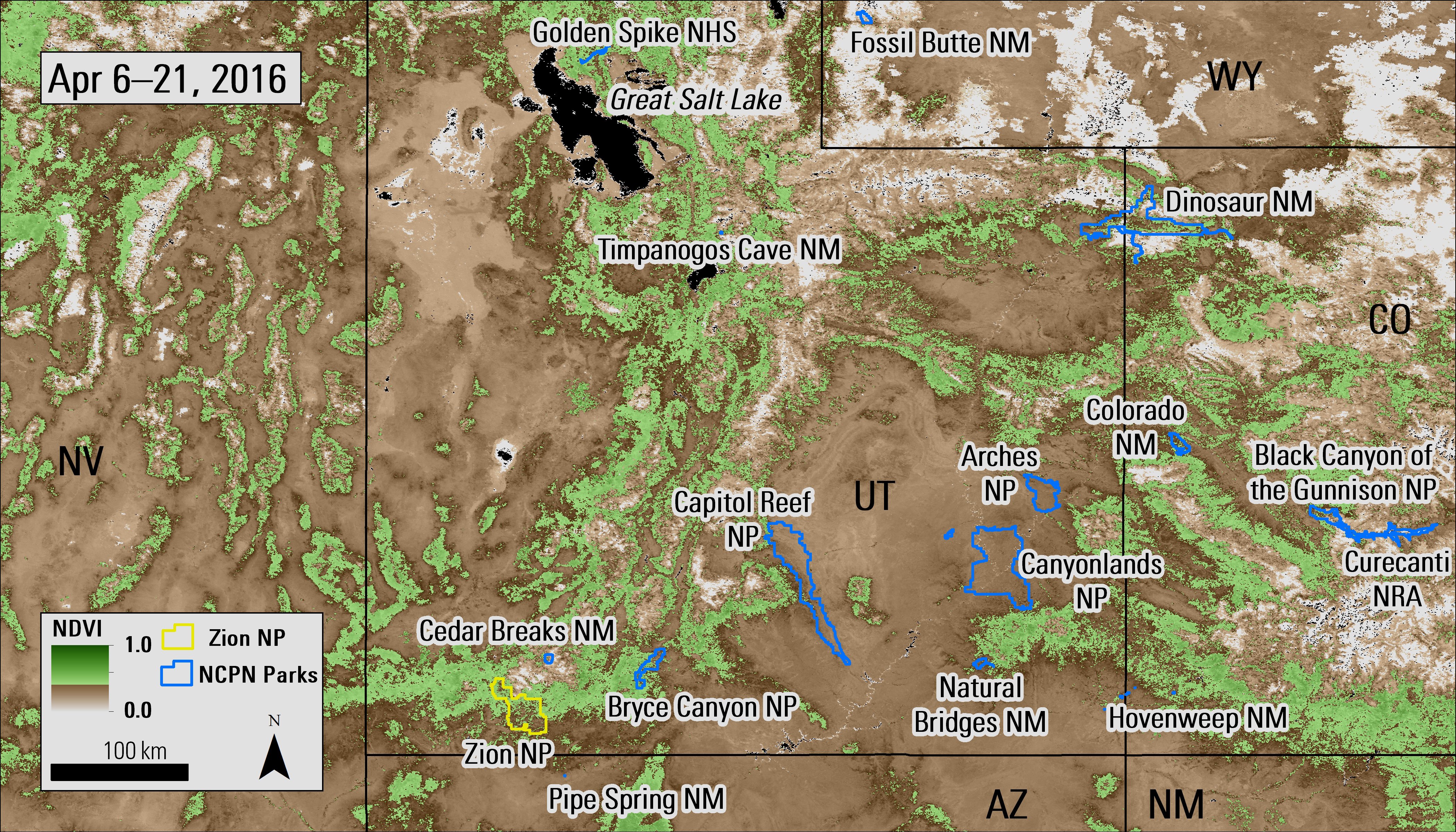 MODIS NDVI composite image (MOD13Q1) over Utah from April 21, 2016.