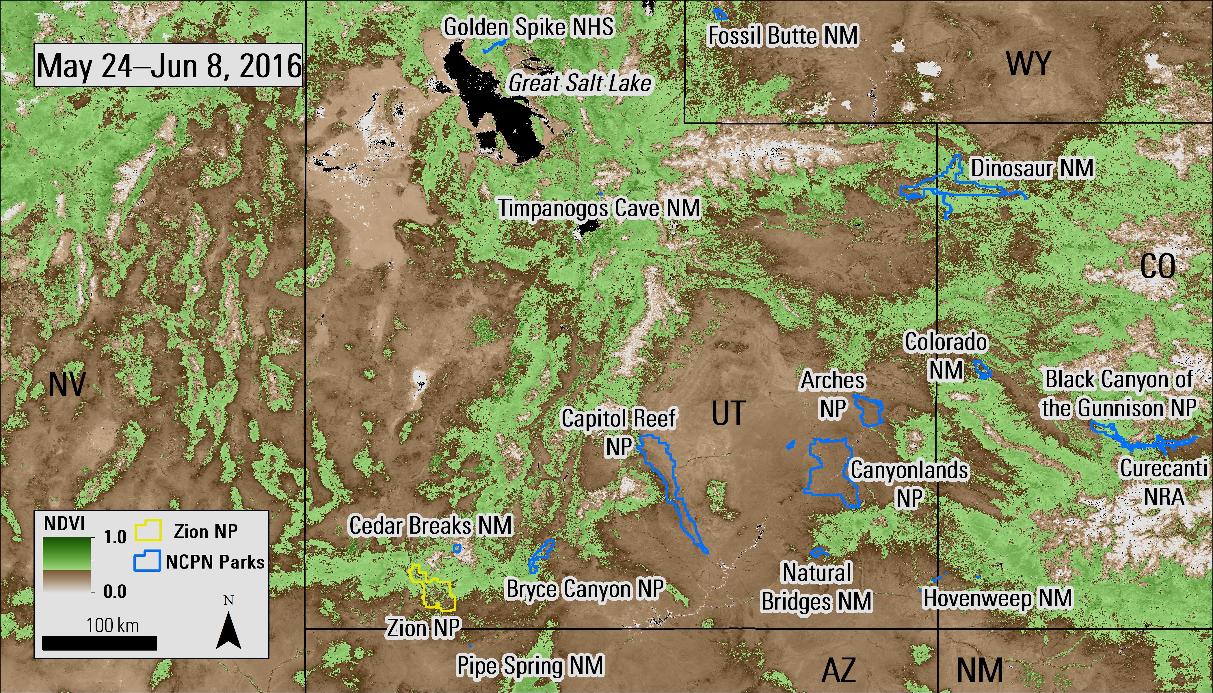 MODIS NDVI composite image (MOD13Q1) over Utah from June 8, 2016.