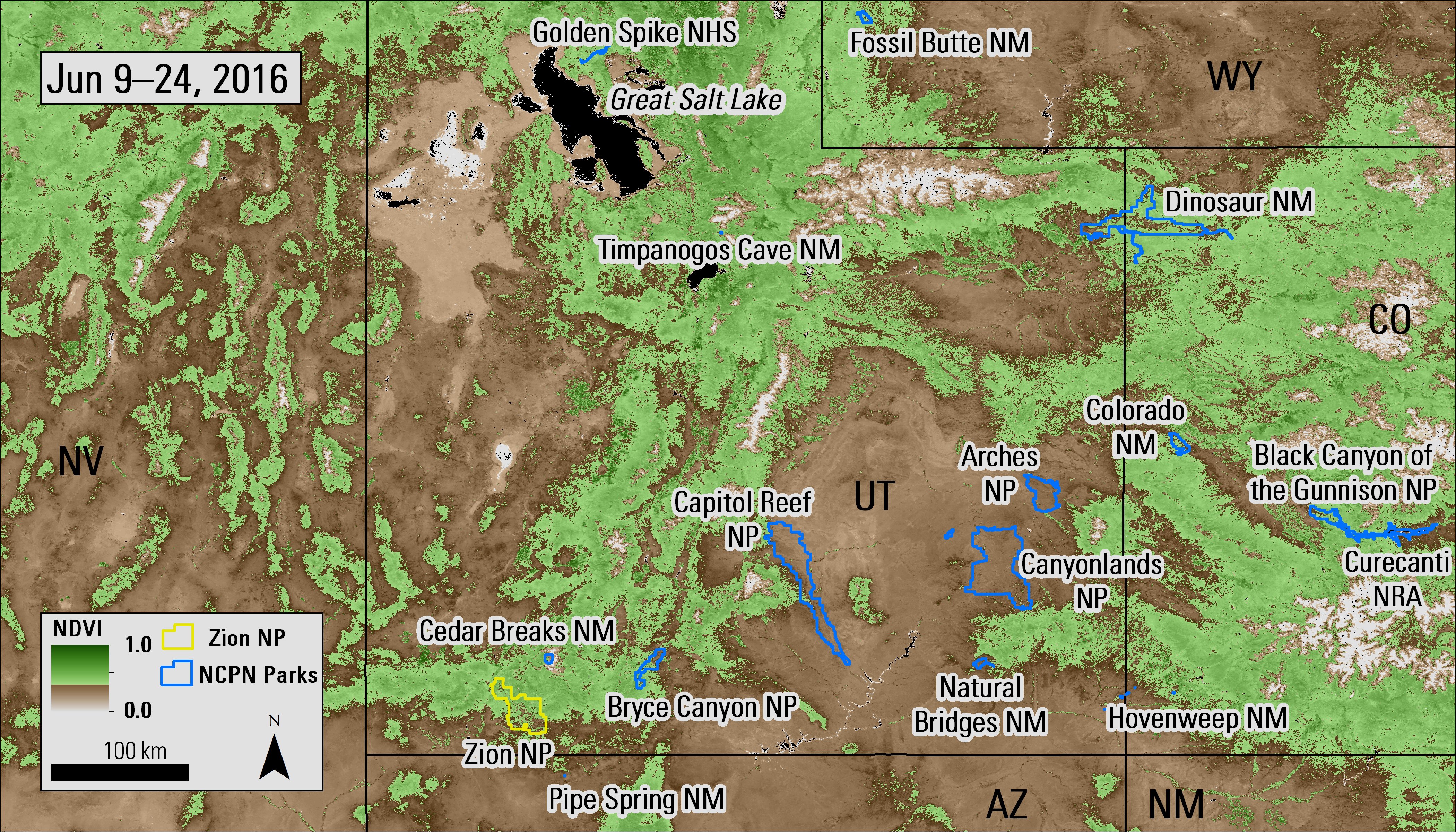 MODIS NDVI composite image (MOD13Q1) over Utah from June 24, 2016.