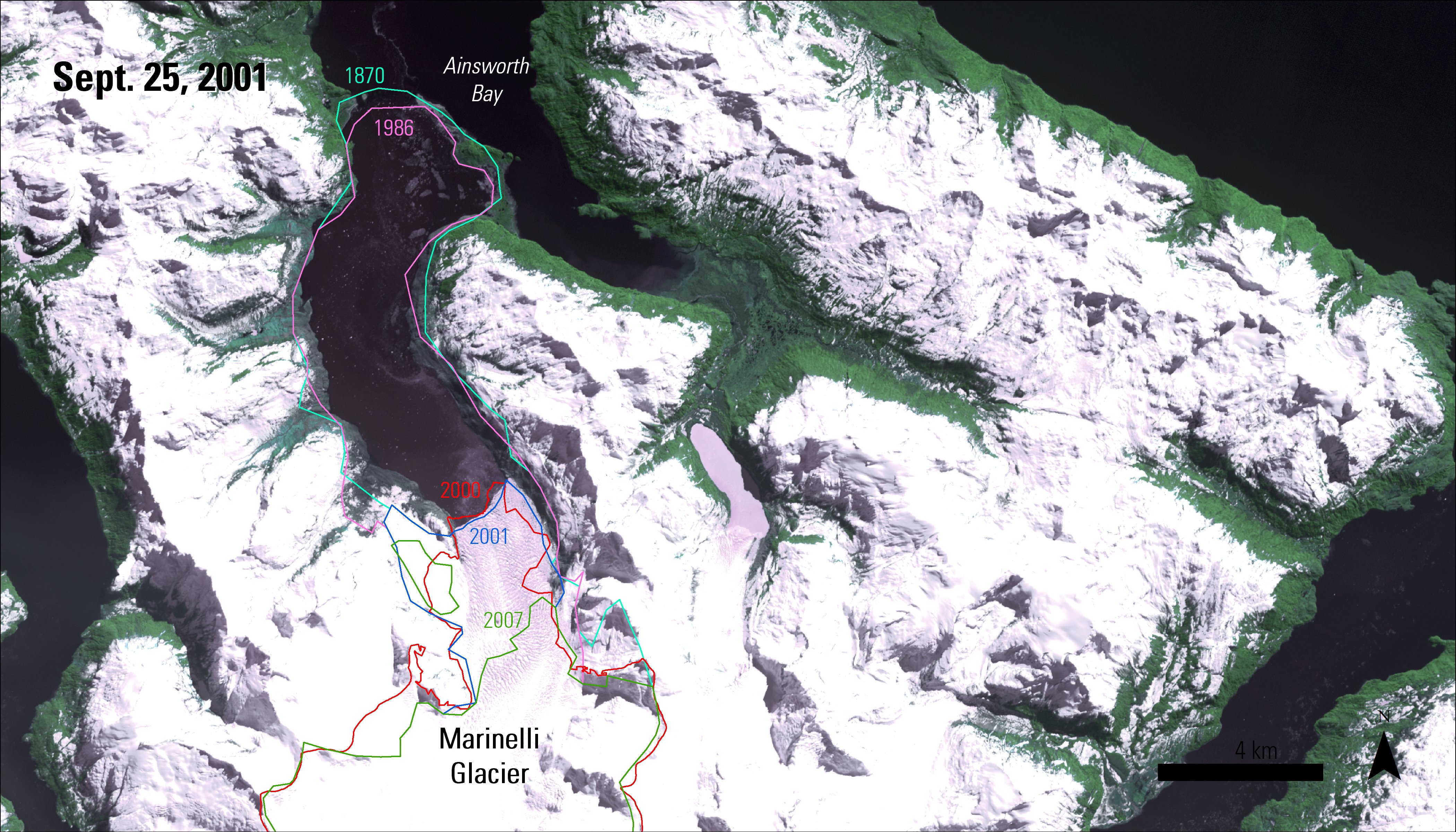 ASTER L1T natural color composite over the Marinelli Glacier, Chile, taken on September 25, 2001.