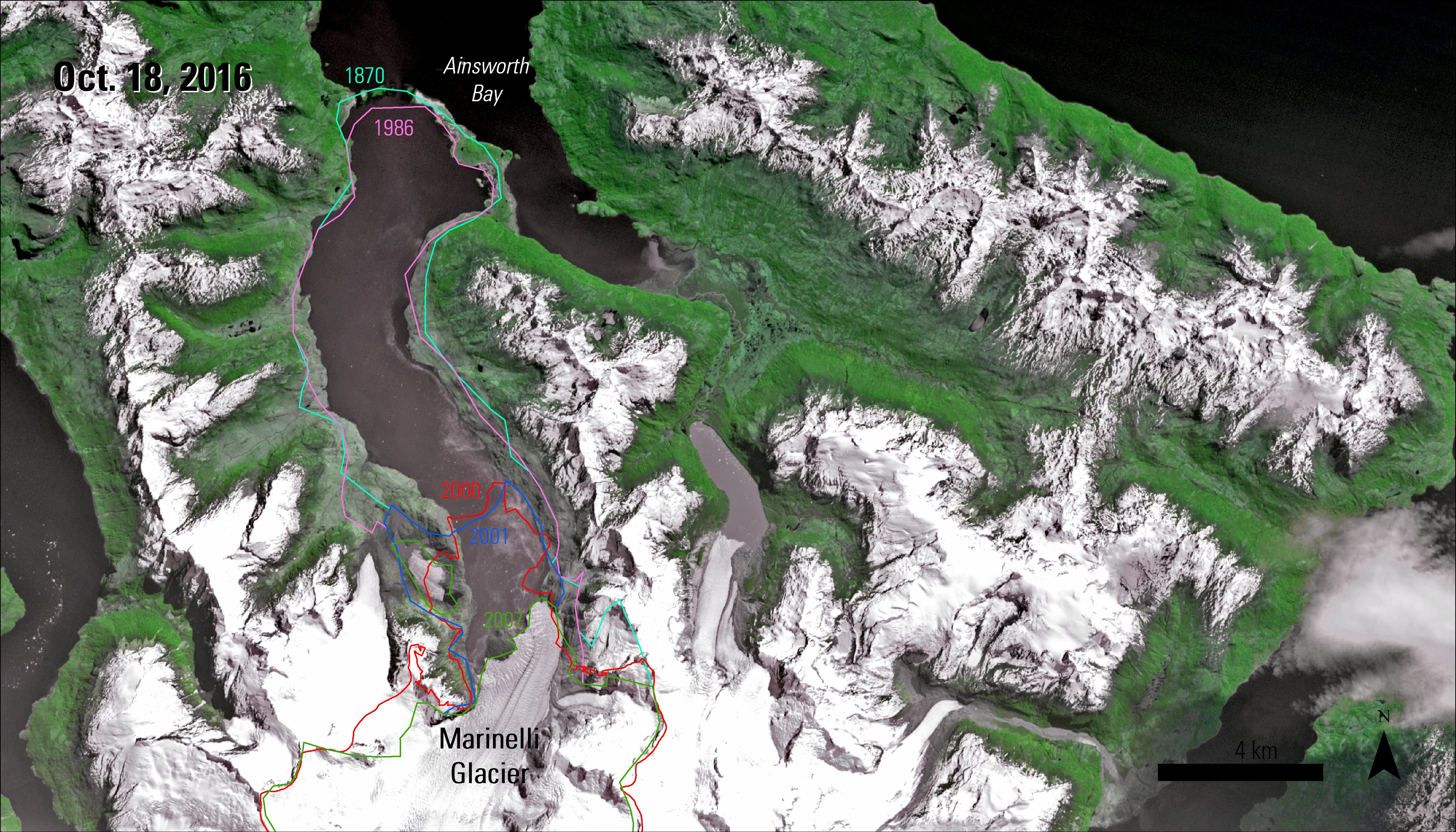 ASTER L1T natural color composite over the Marinelli Glacier, Chile, taken on October 18, 2016.