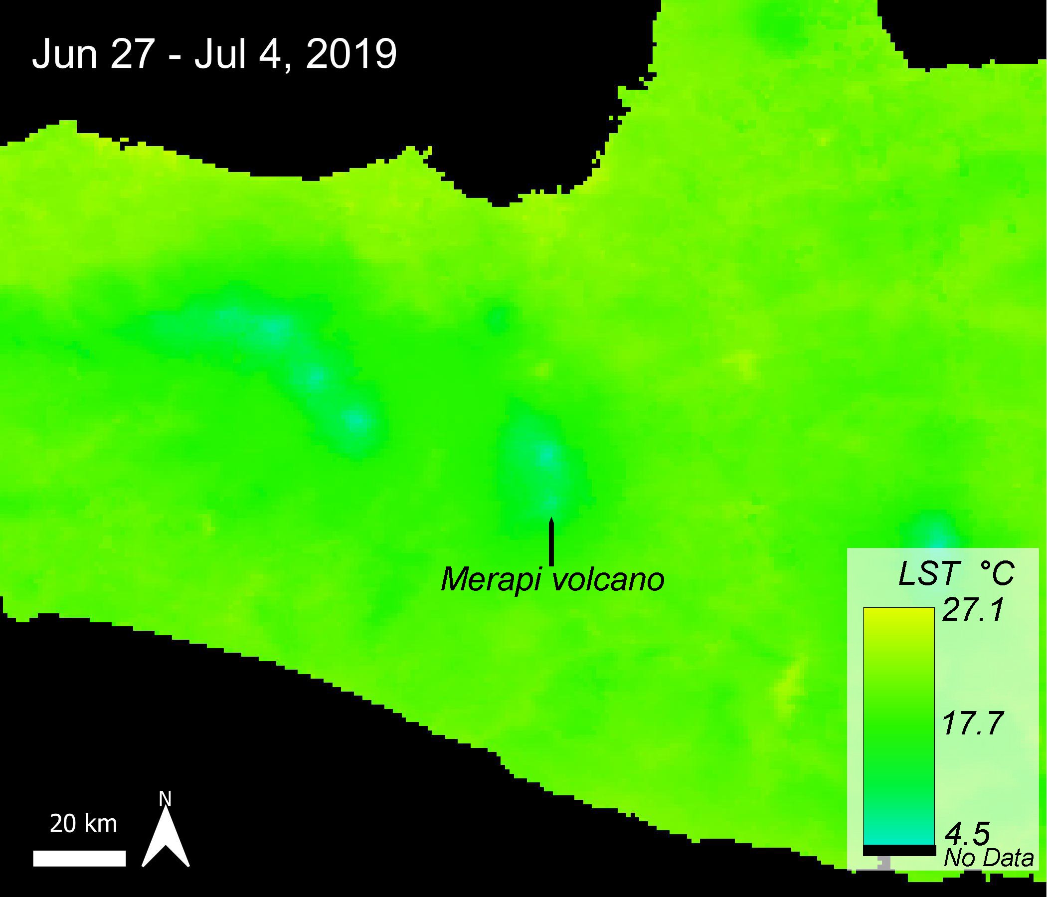 An LST map over the Merapi volcano form Jun 27 - July 4, 2019. The map shows temperatures from 4.5 degrees Celsius to 27.1 degrees Celsius ranging from blue (low) to green to yellow (high). The peak of the Merapi volcano is shown as blue.
